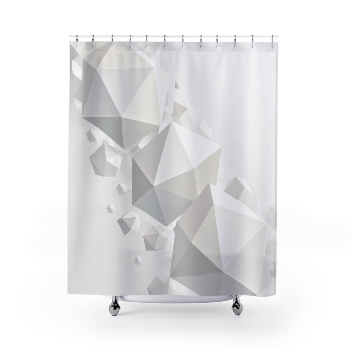 Floating white polyhedra cascading across a pale mist-gray field shower curtain with full front view