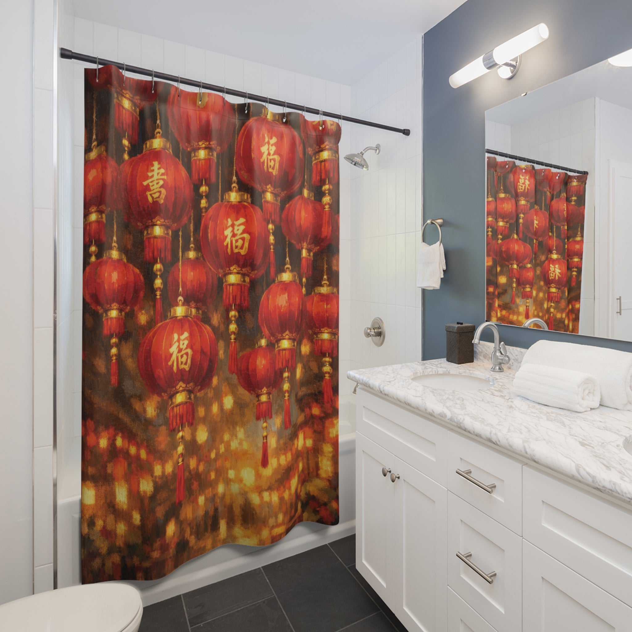 Chinoiserie Lantern Shower Curtain – Red & Gold