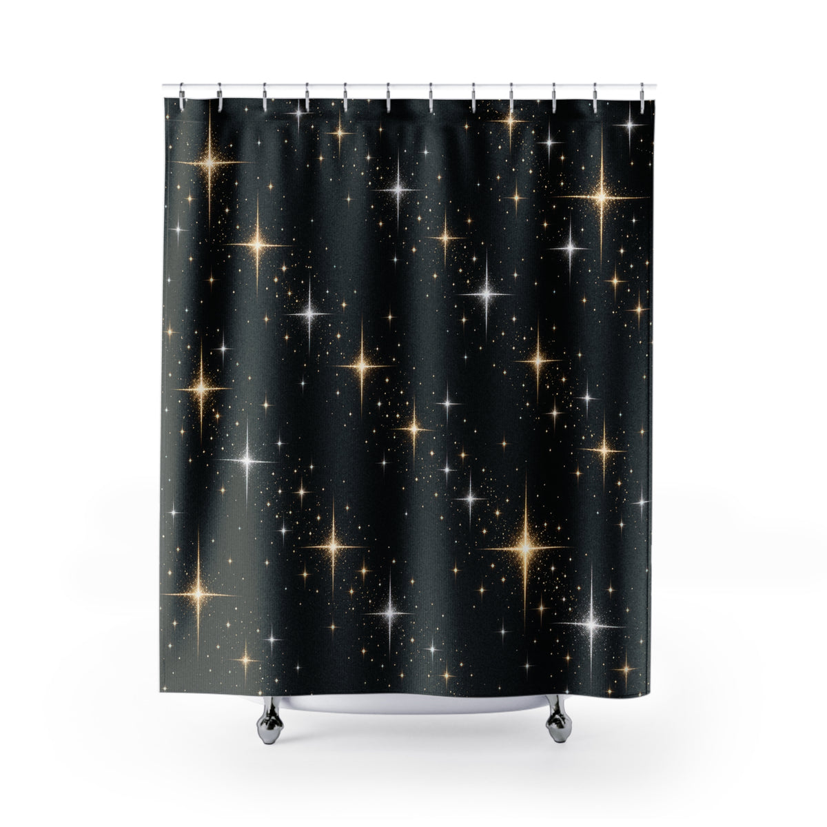 Gold and silver-colored stars on black shower curtain with full front view