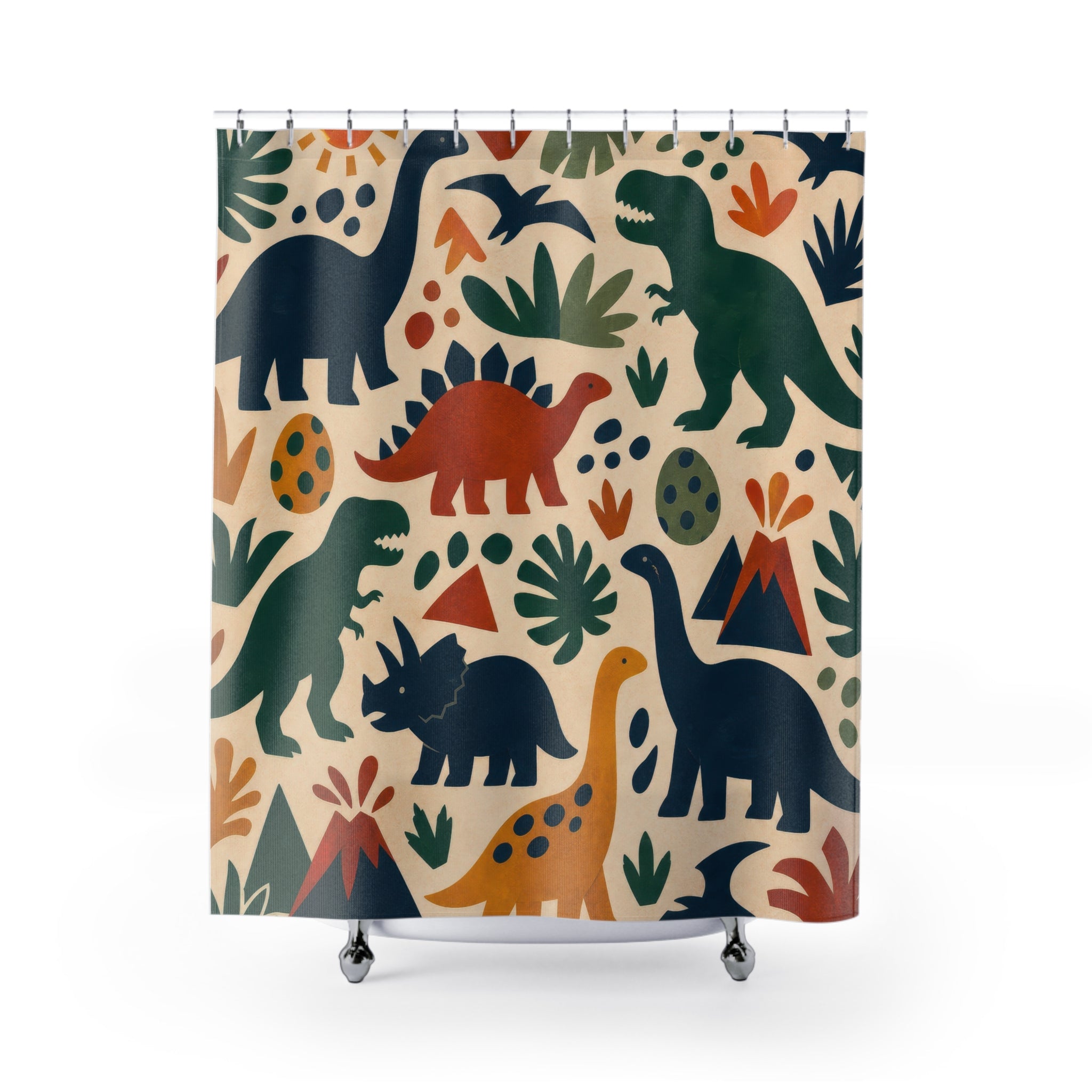 Folk Dinosaur Shower Curtain, Teal Kids Bathroom Decor, Dinosaur Bath Curtain, Boys Bathroom Decor, Volcano Pattern, Bath Decor, Guest Bath