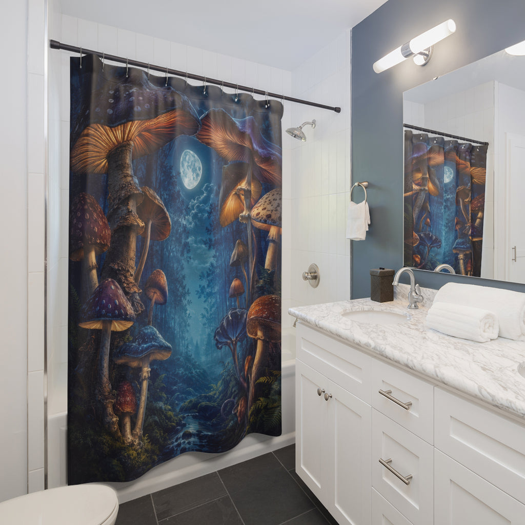 Moonlit mushroom forest with glowing amber gills shower curtain beside a white vanity