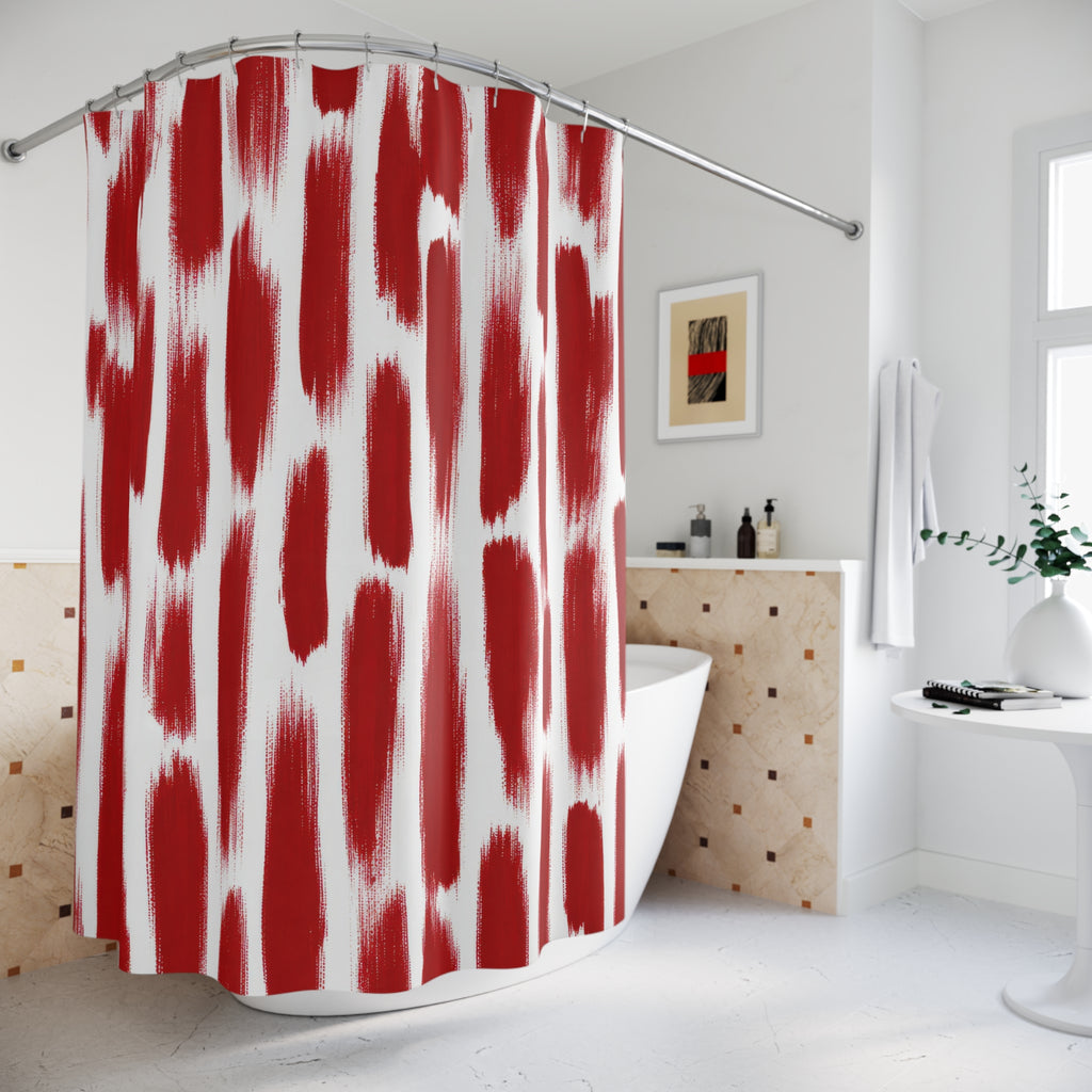 Red Ikat Shower Curtain, Blurred Stripe Pattern, Red White Bath Decor, Global Geometric Guest Bathroom Accent, Modern Relaxed Style