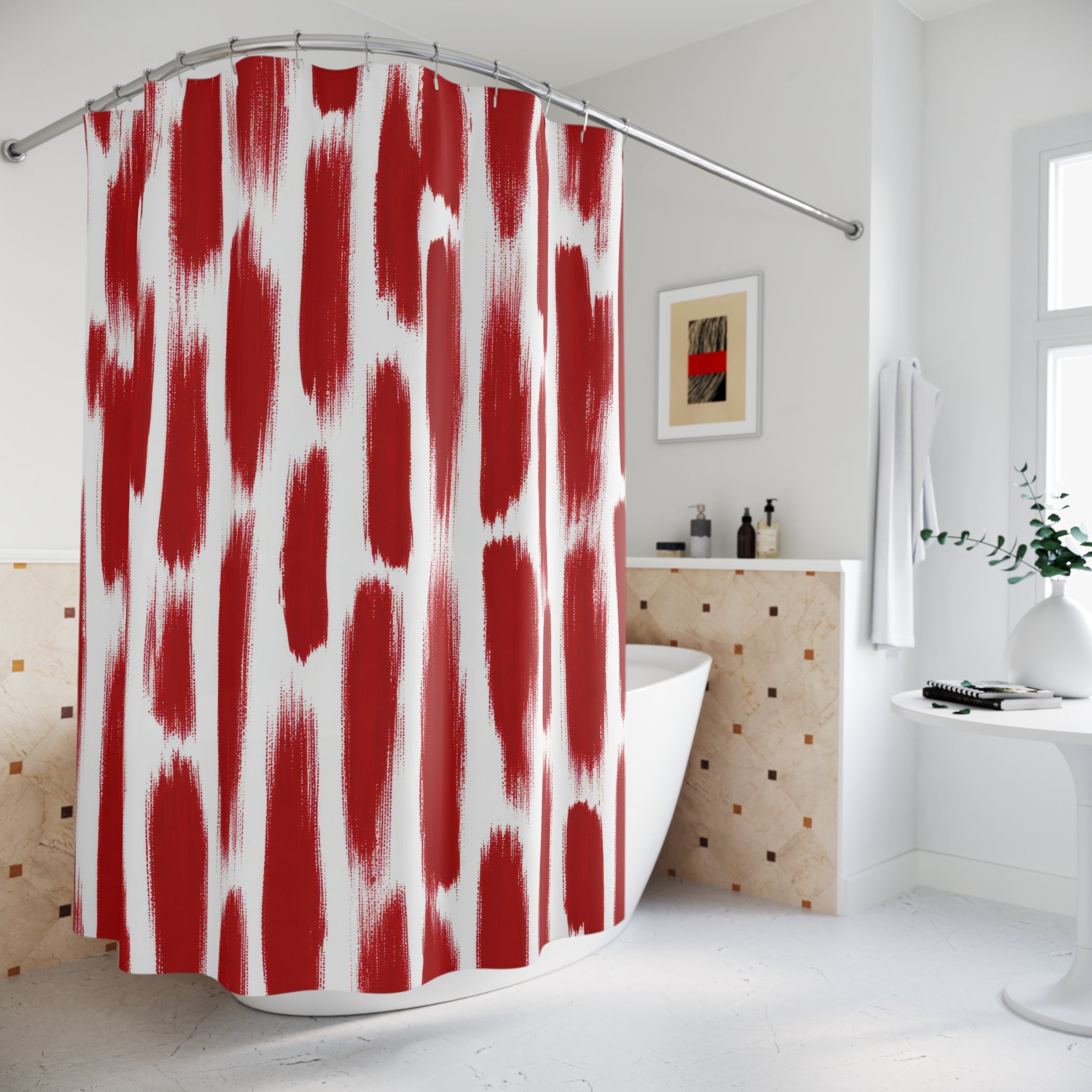 Red Ikat Shower Curtain, Blurred Stripe Pattern, Red White Bath Decor, Global Geometric Guest Bathroom Accent, Modern Relaxed Style