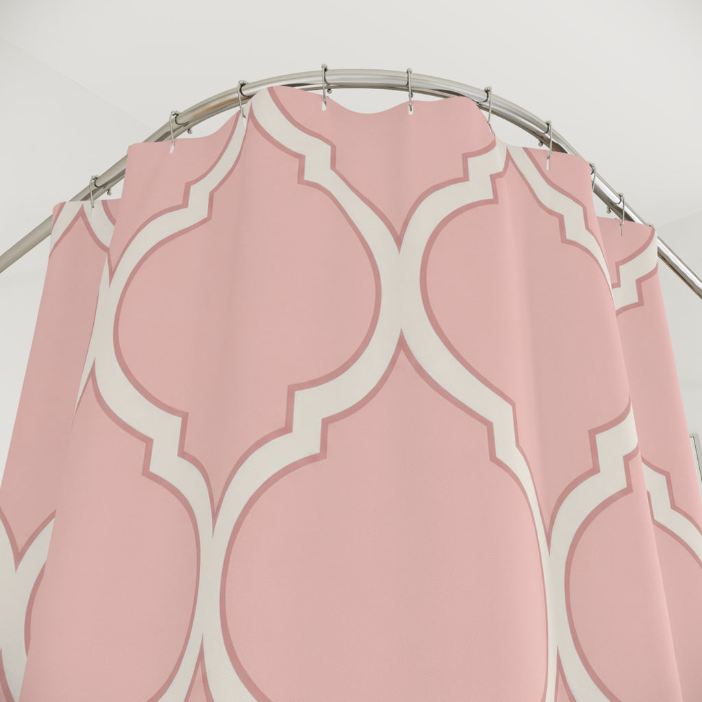 Blush pink and ivory repeating ogee curves shower curtain with close-up print, hooks, and folds