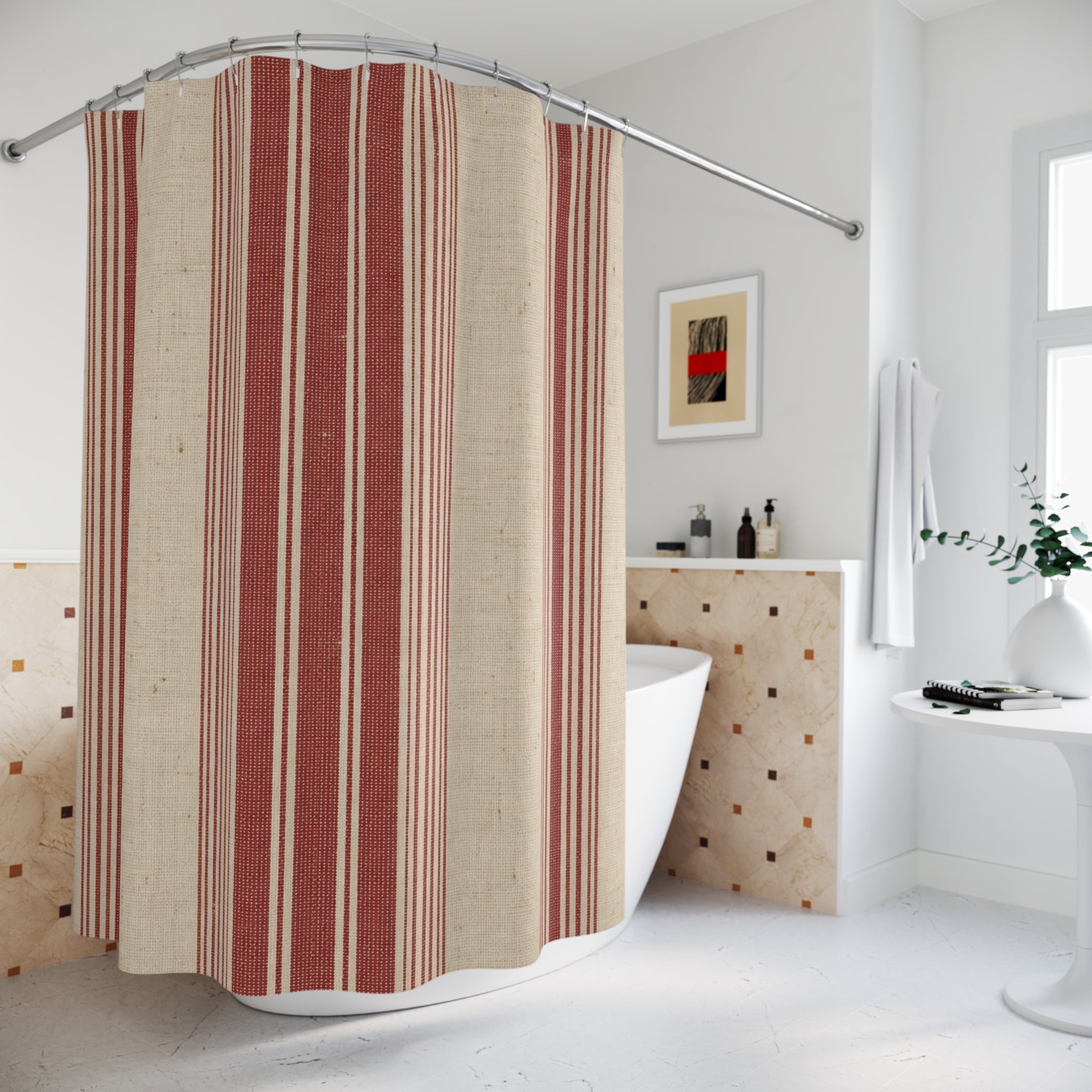 Red and White Grain Sack Shower Curtain: French Country Stripe
