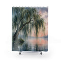 Misty lakeside weeping willow shower curtain with full front view