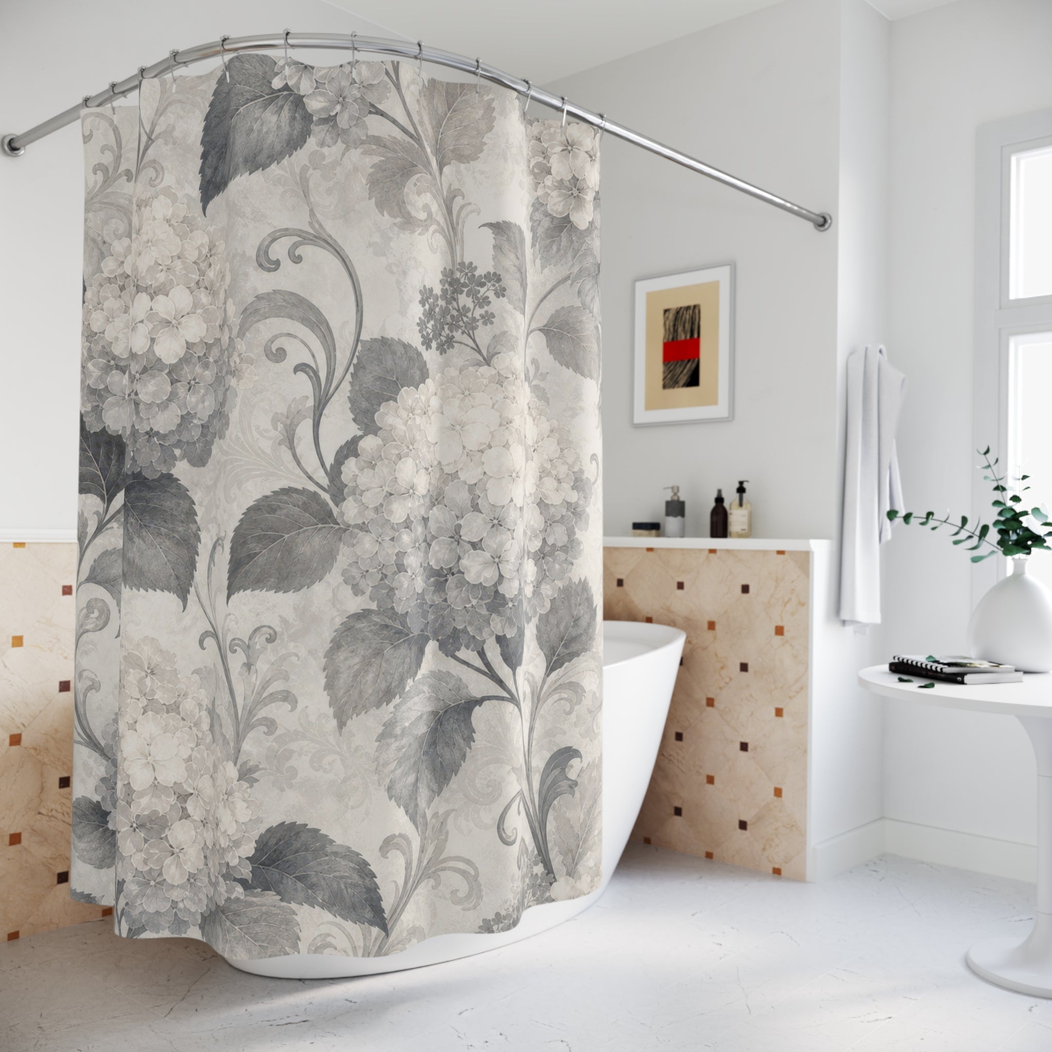 Gray White Hydrangea Botanical Shower Curtain
