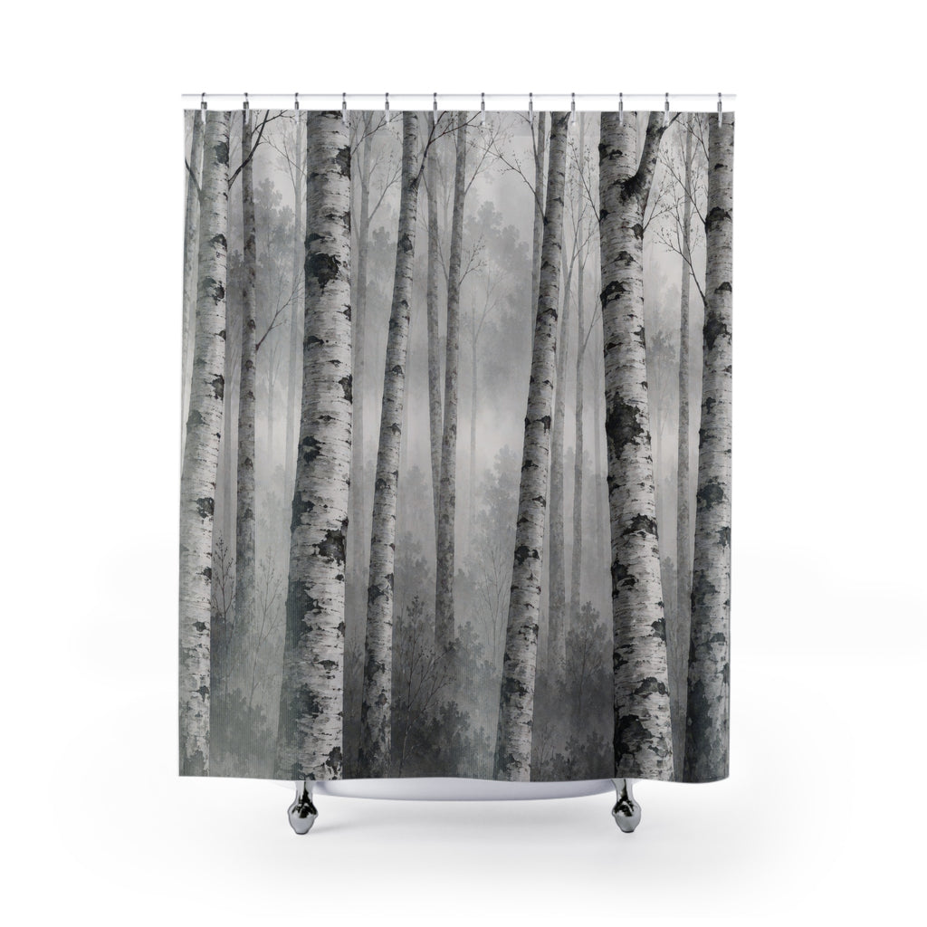 White birch tree trunks in grey mist shower curtain with full front view