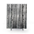 White birch tree trunks in grey mist shower curtain with full front view