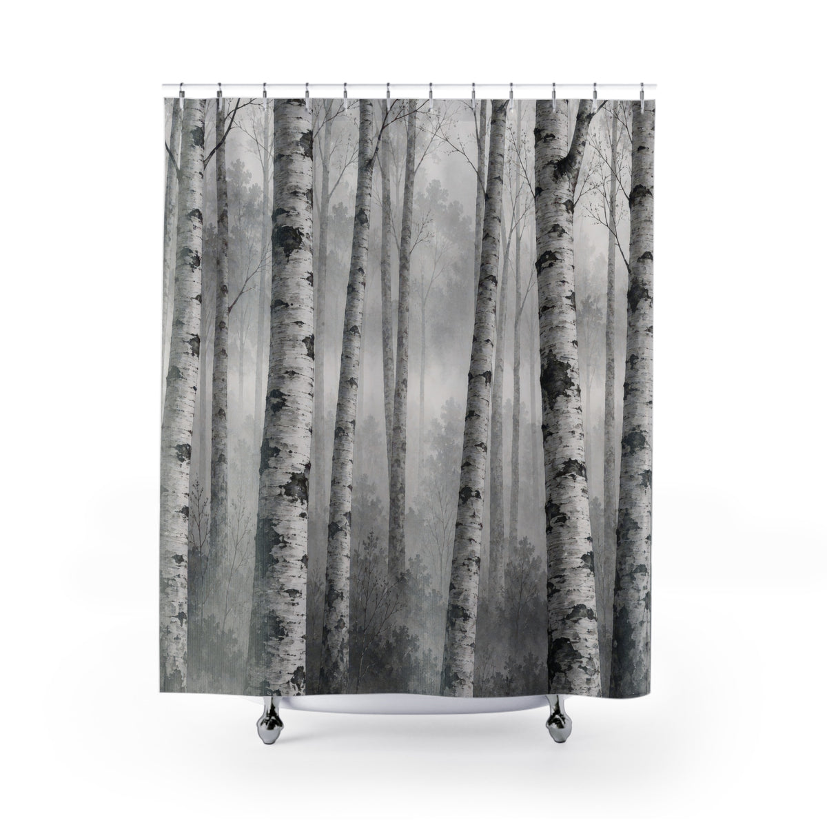 White birch tree trunks in grey mist shower curtain with full front view