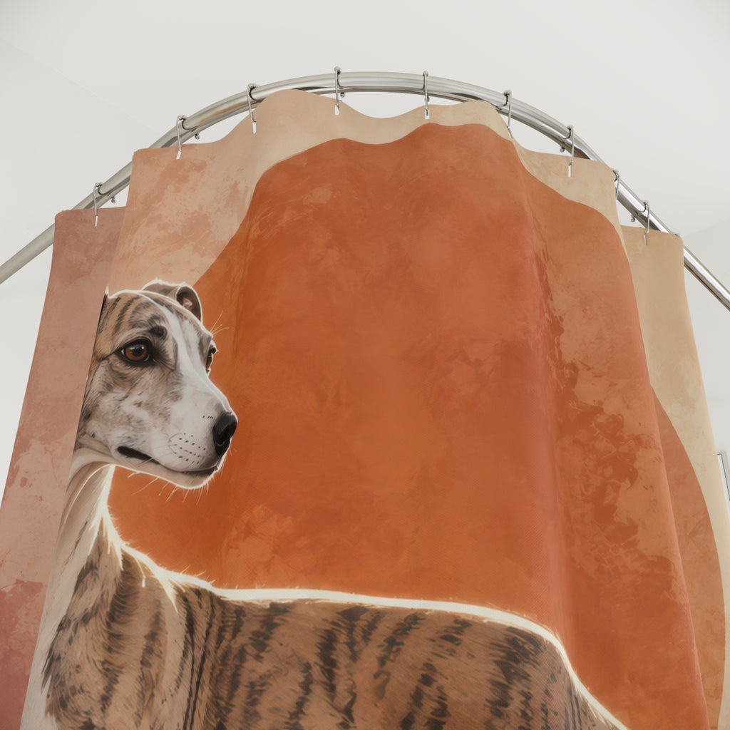 A brindle whippet before a terracotta sun shower curtain with close-up print, hooks, and folds