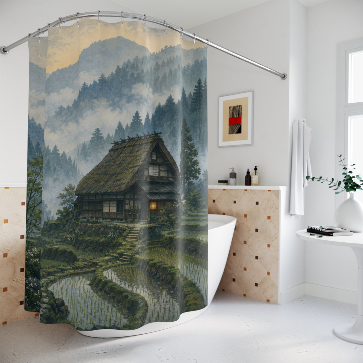 Japanese minka farmhouse above rice terraces in misty mountains shower curtain beside a freestanding tub