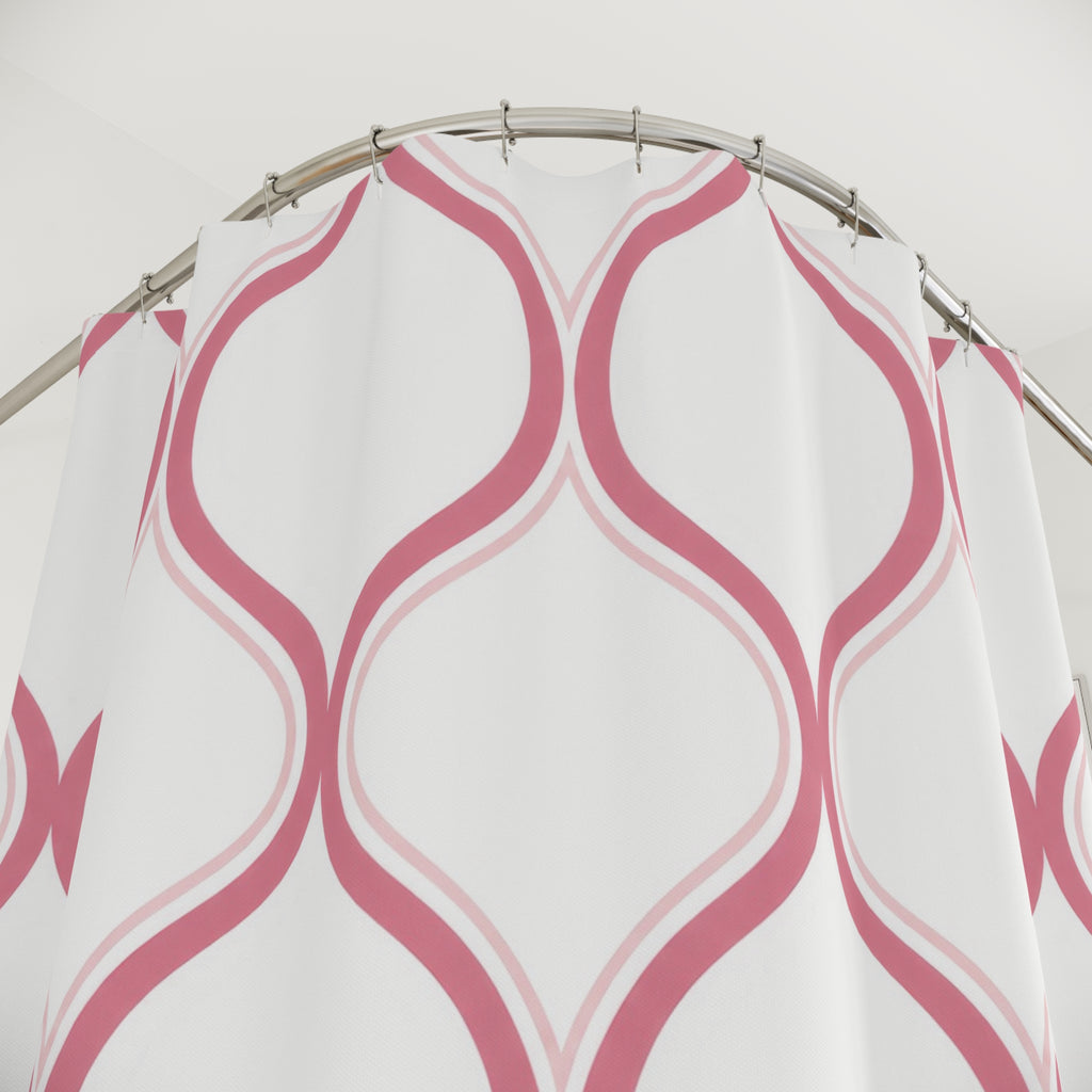 Rose ogee trellis with blush outlines on white shower curtain with close-up print, hooks, and folds