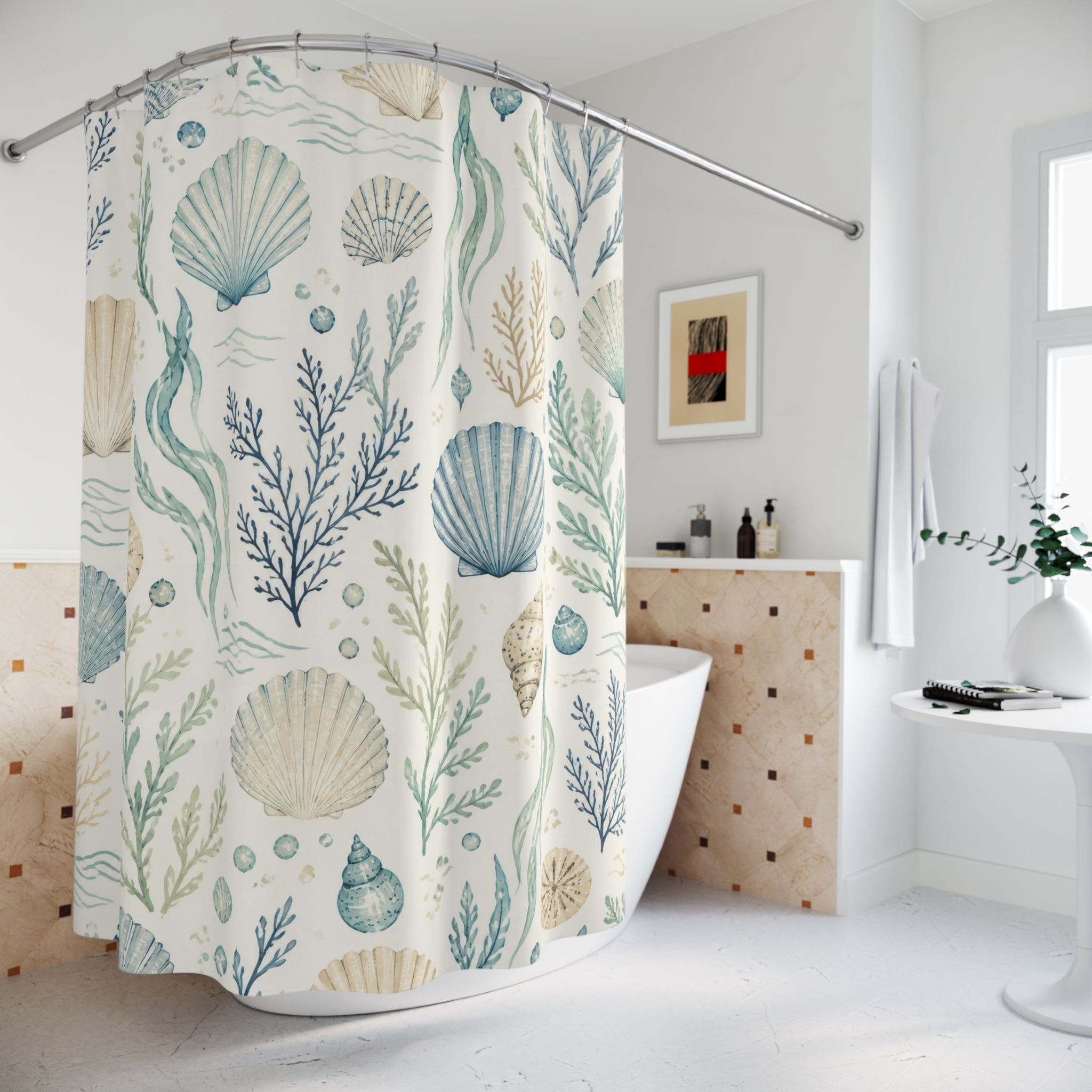 Coastal Shower Curtain, Shell Seaweed Beach Pattern, Pale Blue Bathroom Decor, Serene Beach Wall Decor Guest Bath Wall Gift For Home