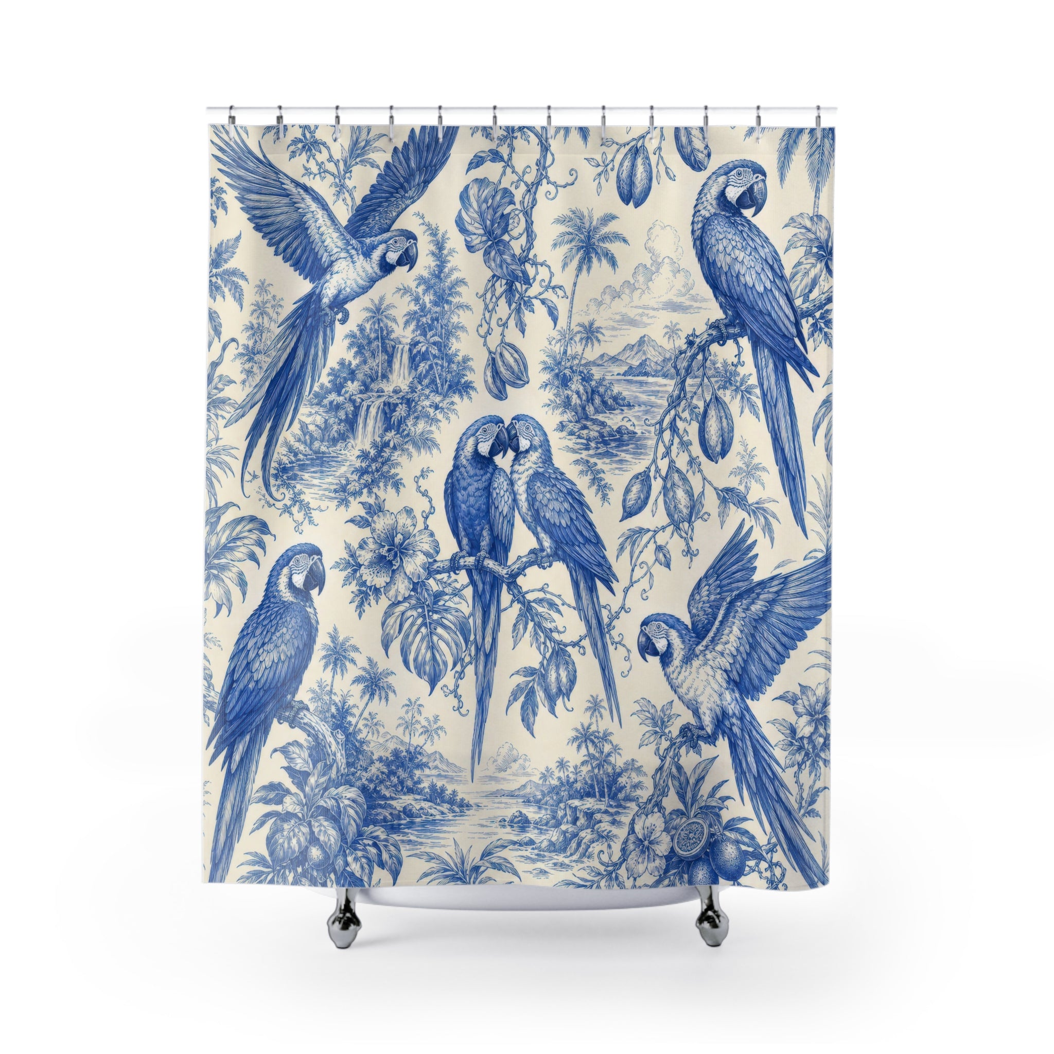 Cobalt Macaw Tropical Toile Shower Curtain