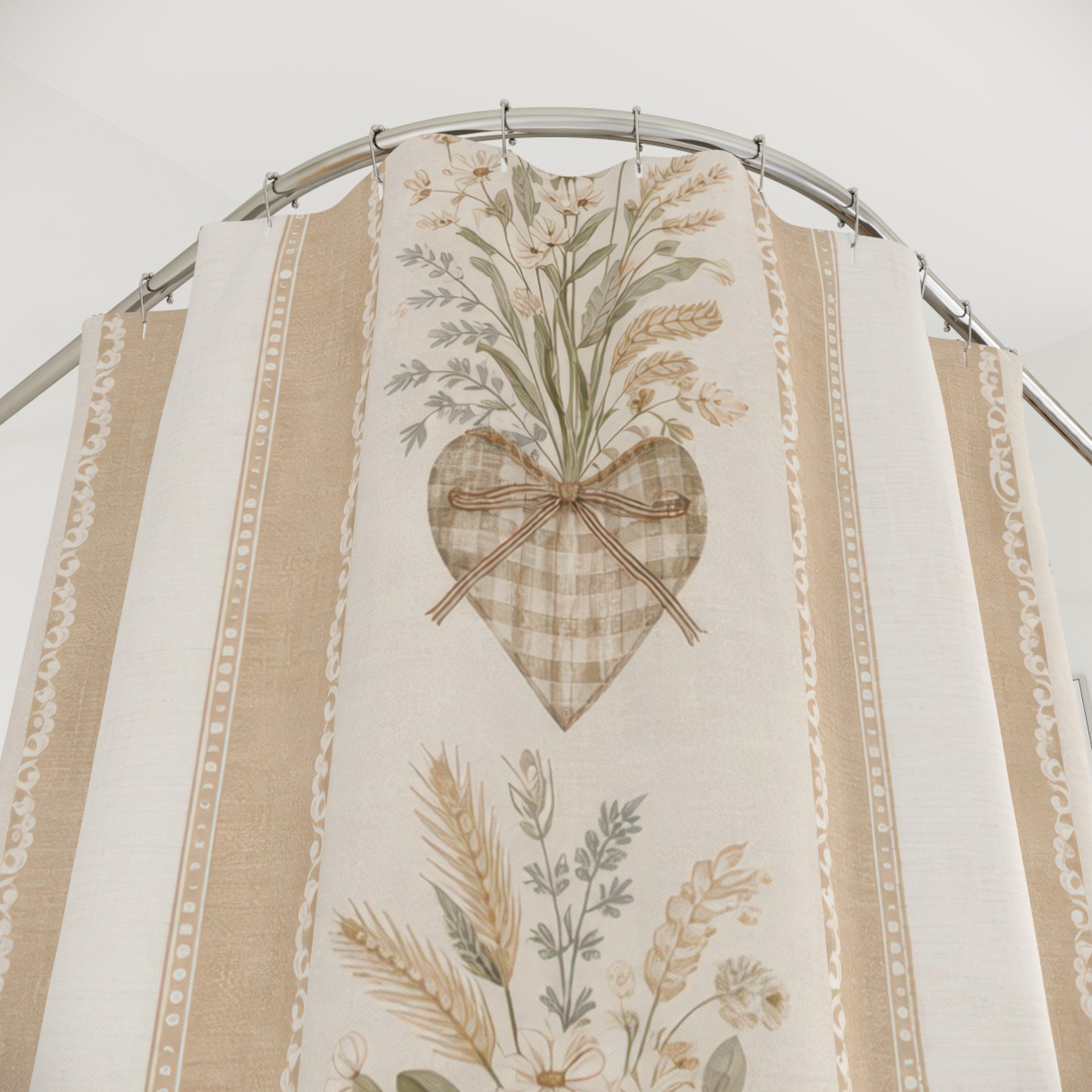 Farmhouse Floral Shower Curtain – Beige Gingham