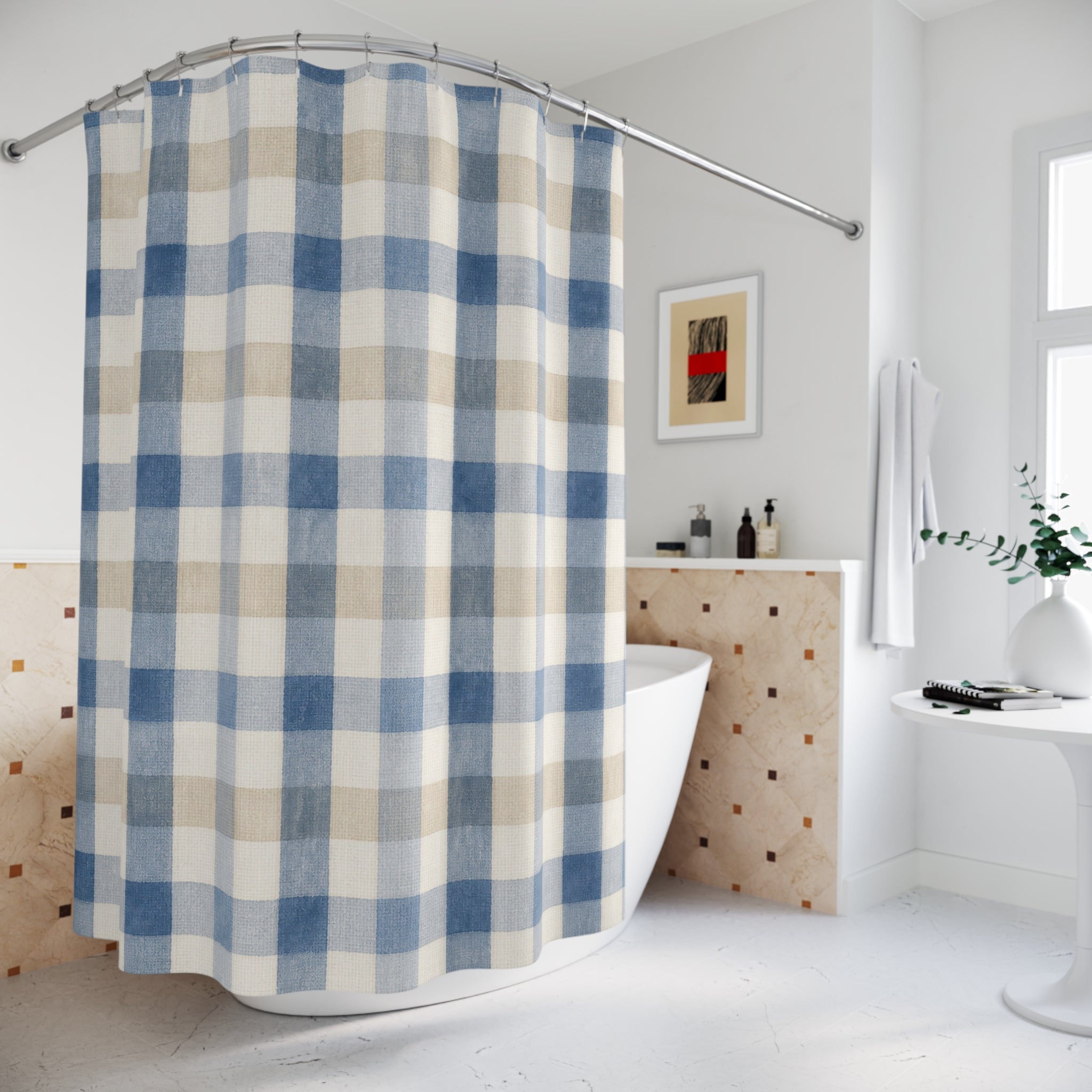 Blue White Farmhouse Check Shower Curtain