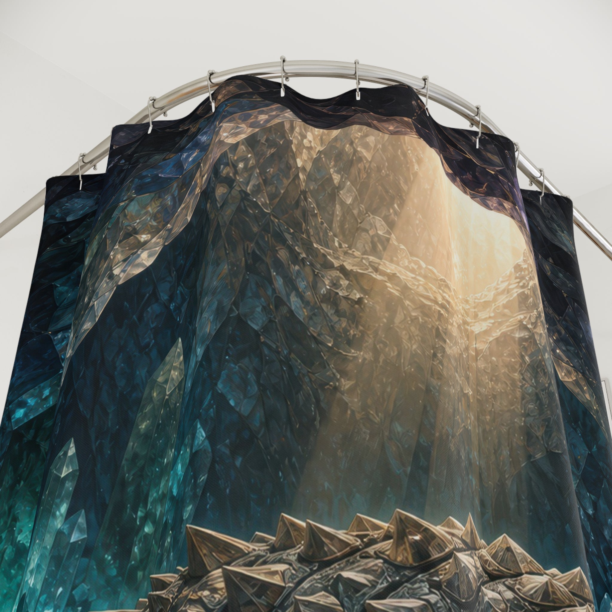 Blue Crystal Cave Ankylosaurus shower curtain with close-up print, hooks, and folds