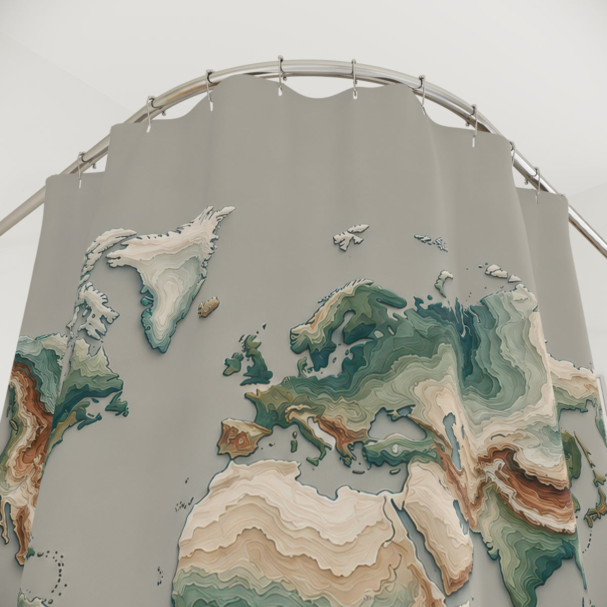 Teal and cream world map with shaded contour bands shower curtain with close-up print, hooks, and folds