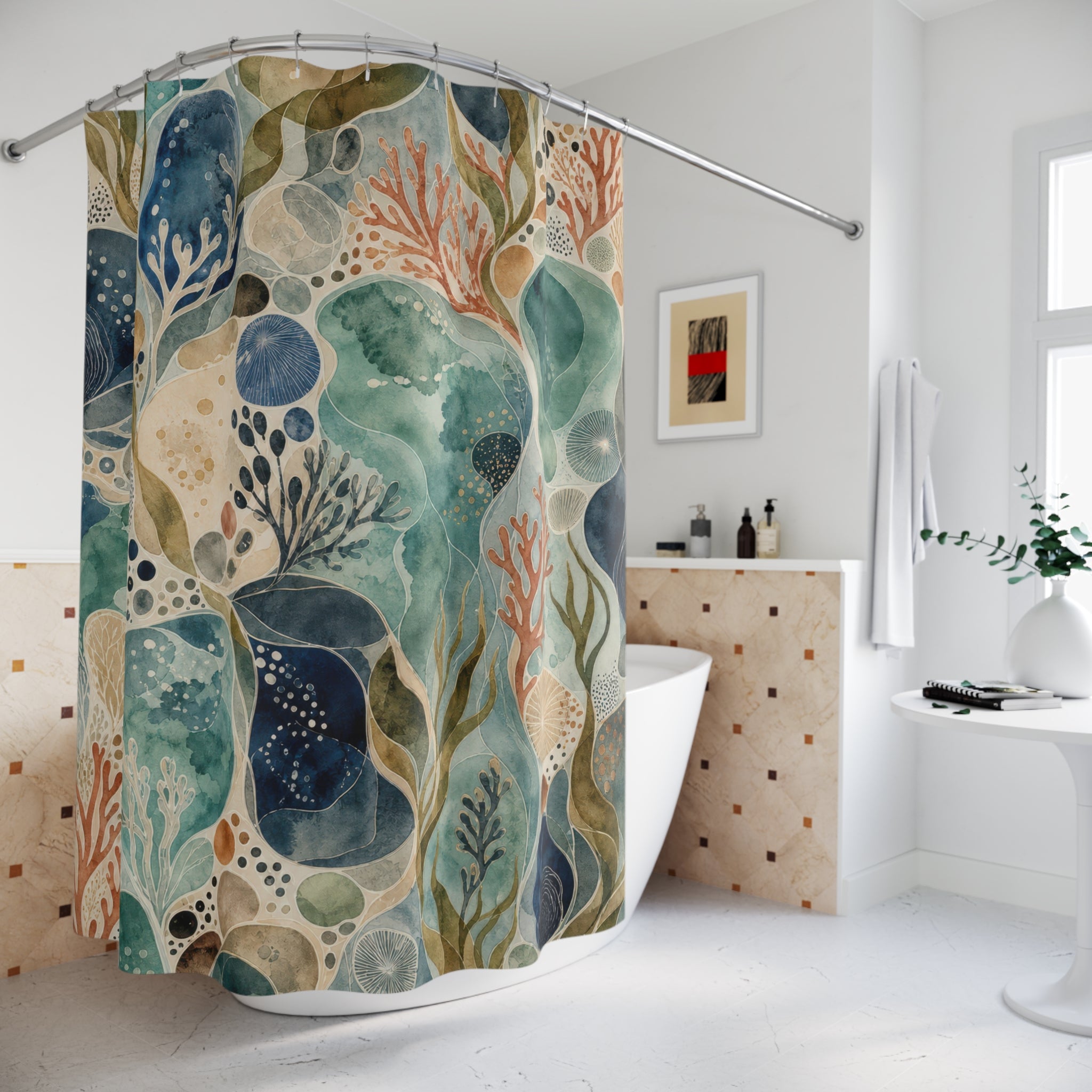Ocean Pebble Shower Curtain, Teal Blue Coastal Bathroom Decor, Seaweed Abstract Bath Curtain, Guest Bathroom Decor, Beach Bath Decor