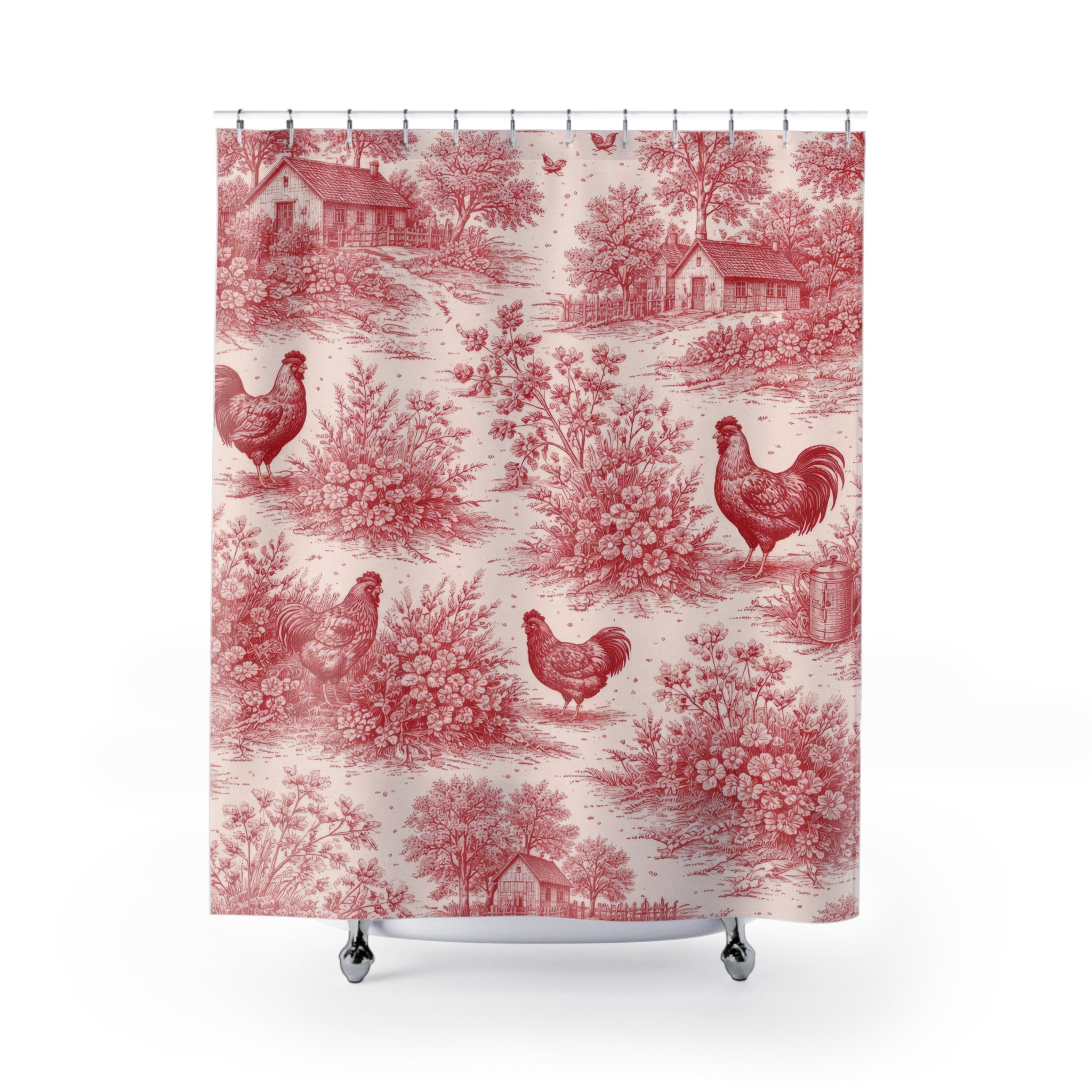 Red and White Toile Shower Curtain – French Country