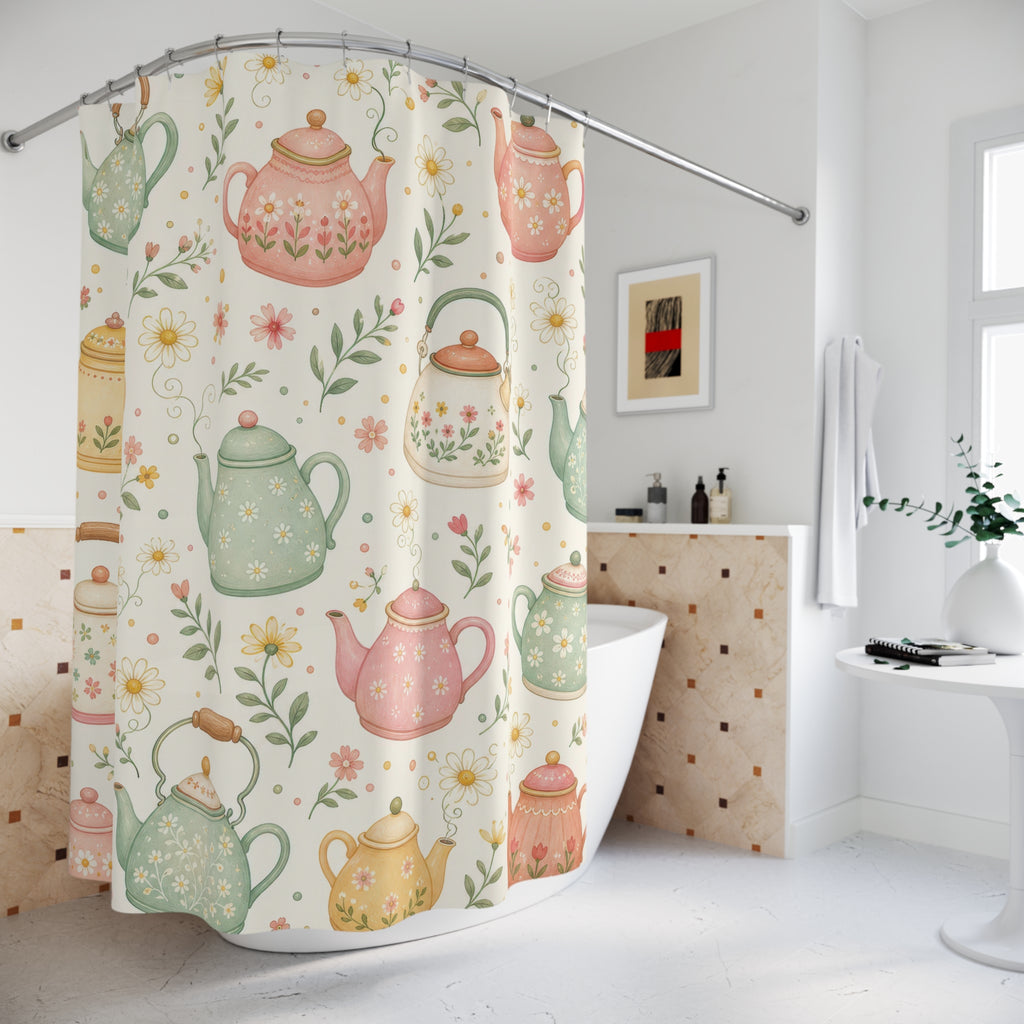 Pastel Teapot Cute Floral Botanical Farmhouse Cottage Shower Curtain