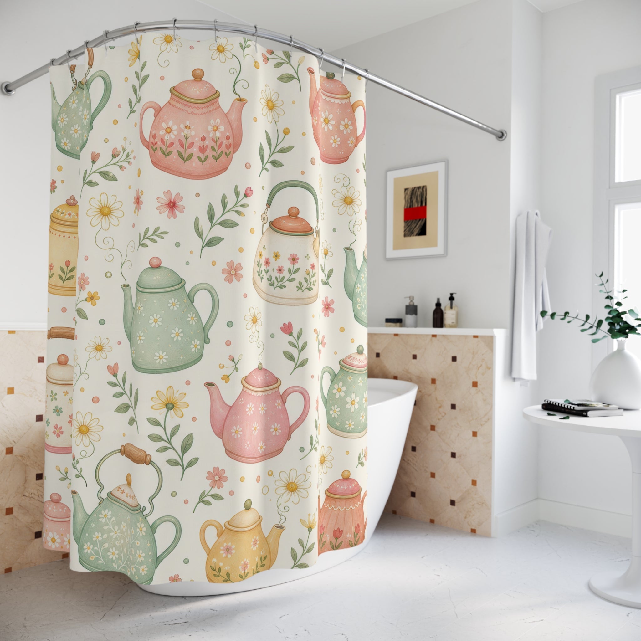 Pastel Teapot Cute Floral Botanical Farmhouse Cottage Shower Curtain