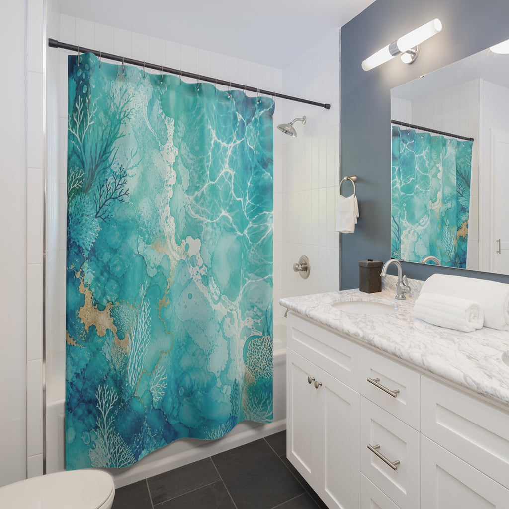 Turquoise Shower Curtain: Aqua Ocean Abstract Pattern