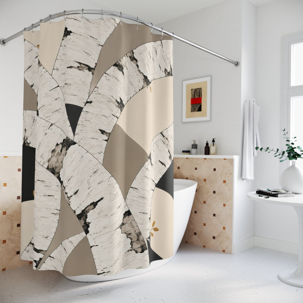 White birch bark arches in ivory and taupe shower curtain beside a freestanding tub