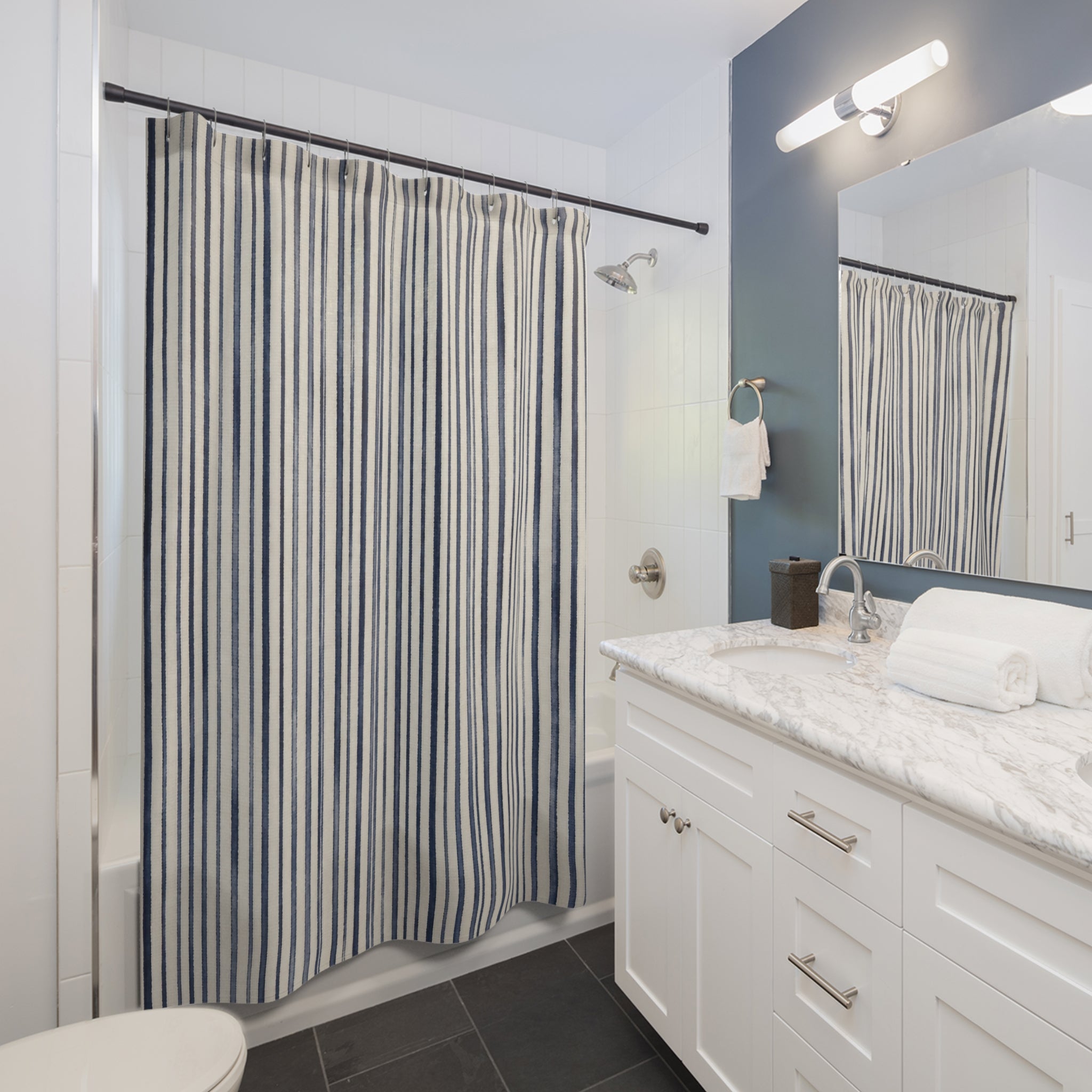 Navy Blue White Pinstripe Shower Curtain