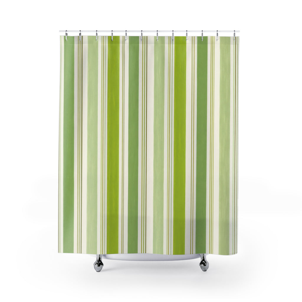 Lime Green White Vertical Stripe Shower Curtain