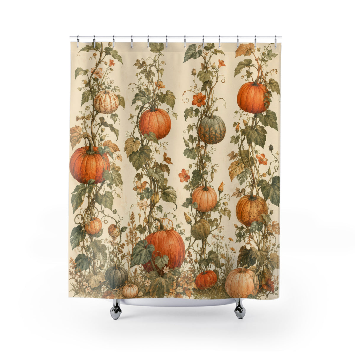 Orange pumpkin vines and meadow flowers shower curtain with full front view