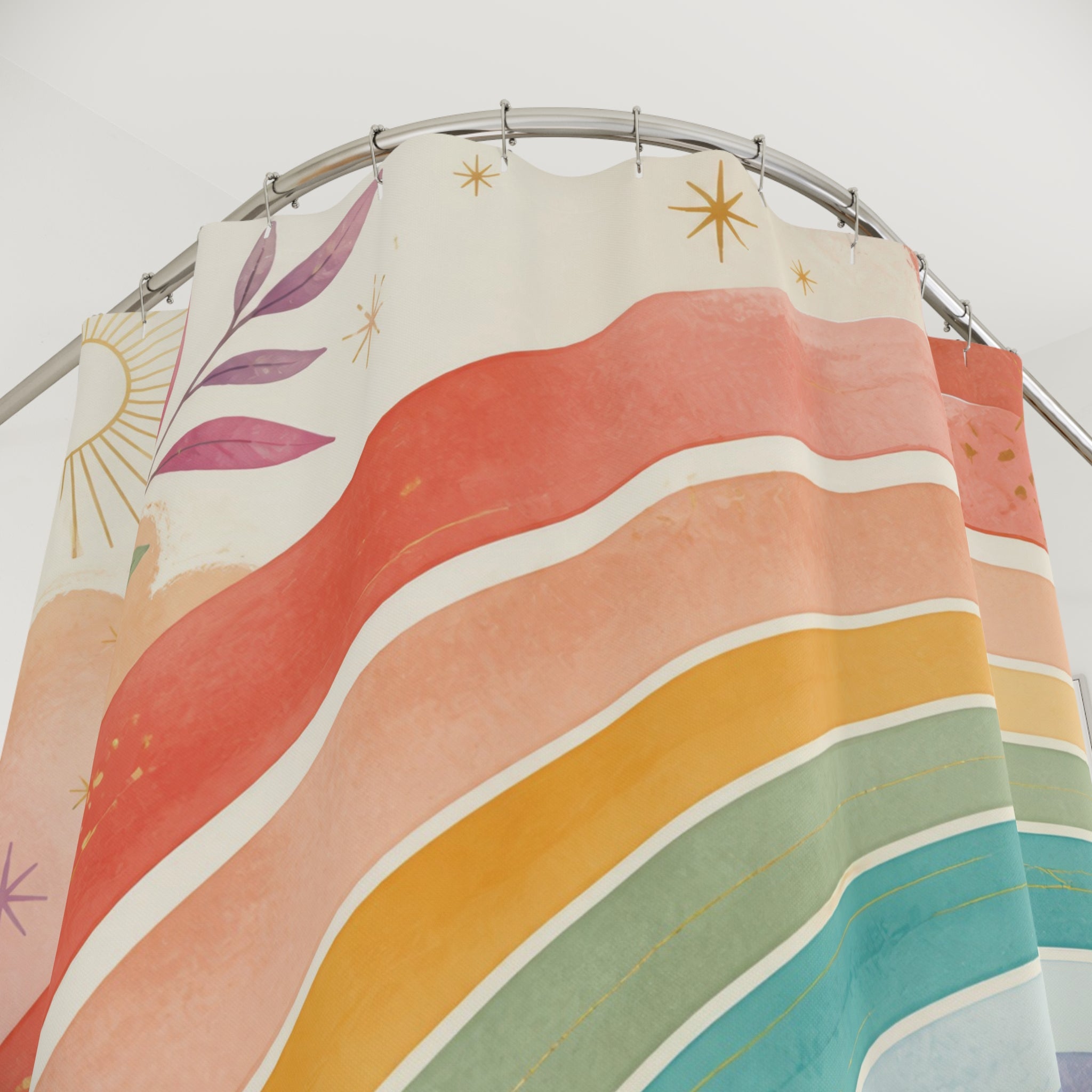 Rainbow Shower Curtain: Pastel Arch Floral Sun Pattern