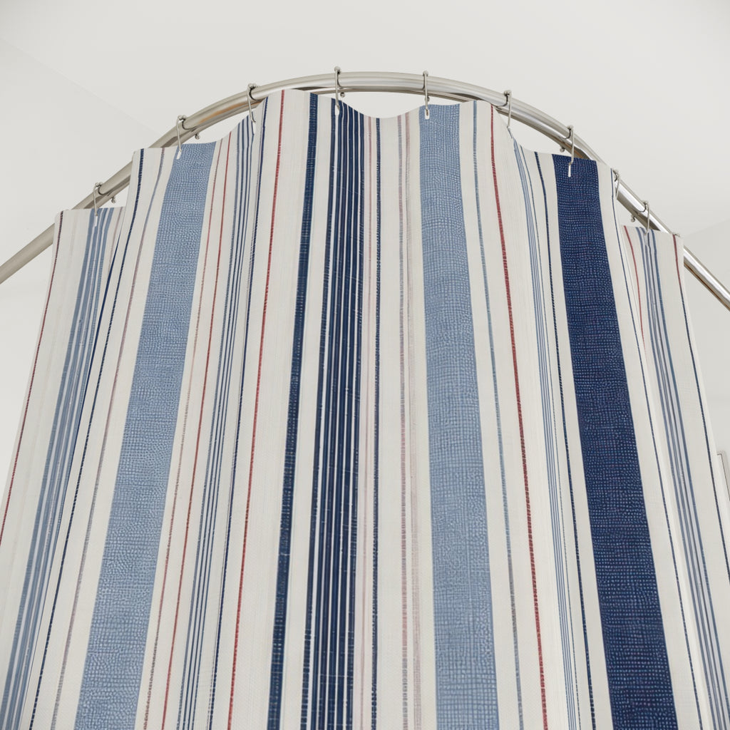 Navy Beige Ticking Stripe Shower Curtain