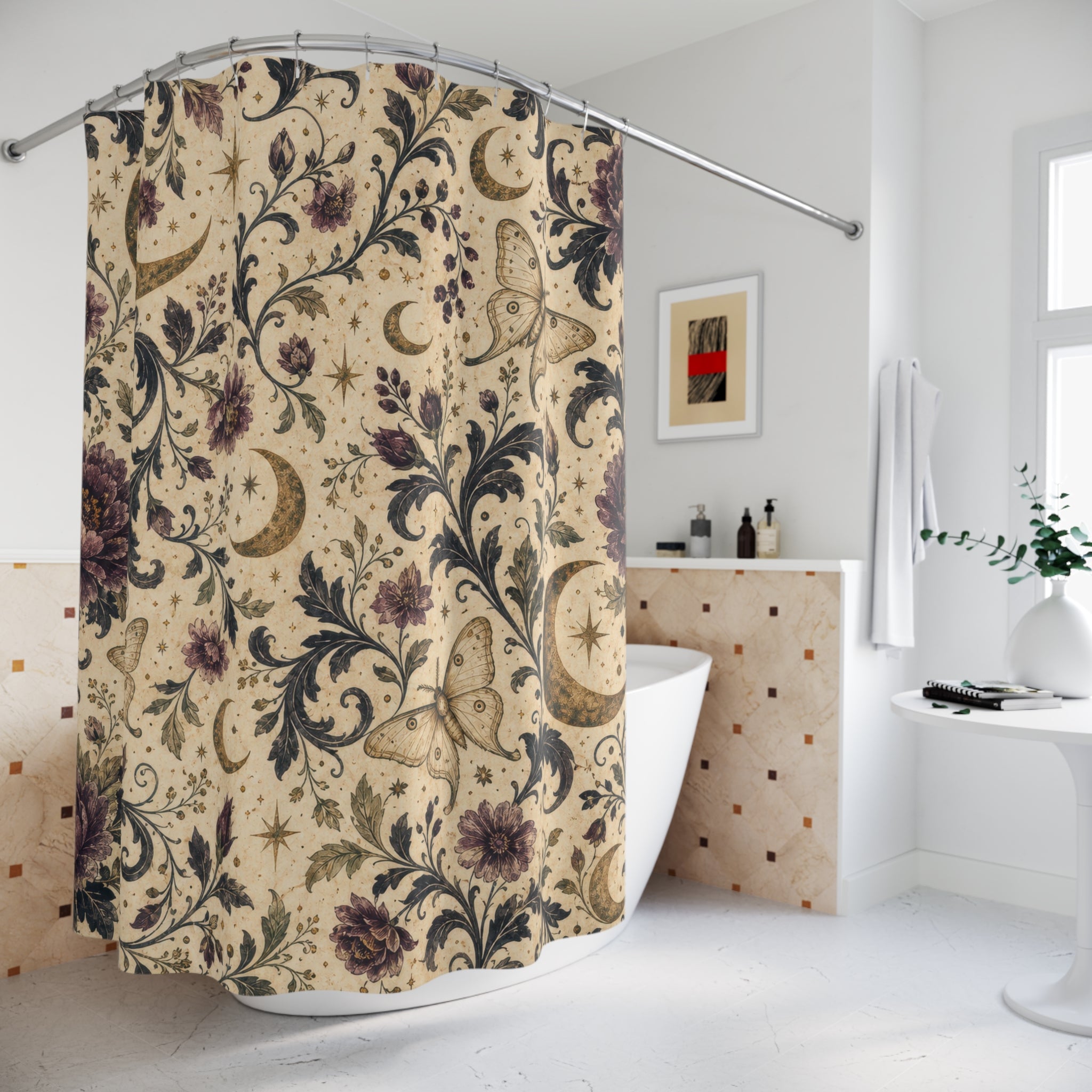 Celestial Moon Gothic Floral Shower Curtain