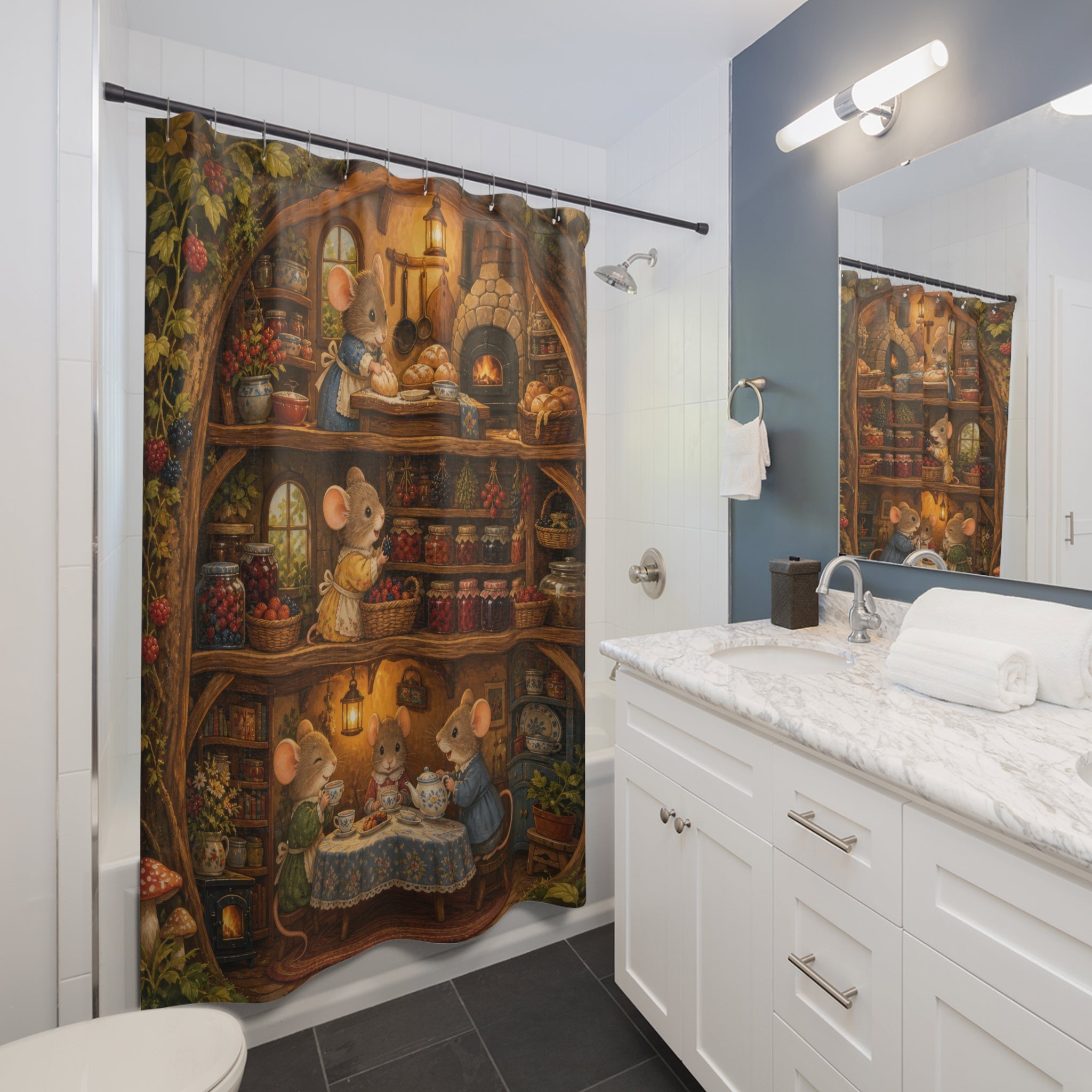Woodland mice baking bread and sharing tea in a rustic pantry shower curtain installed beside a white vanity