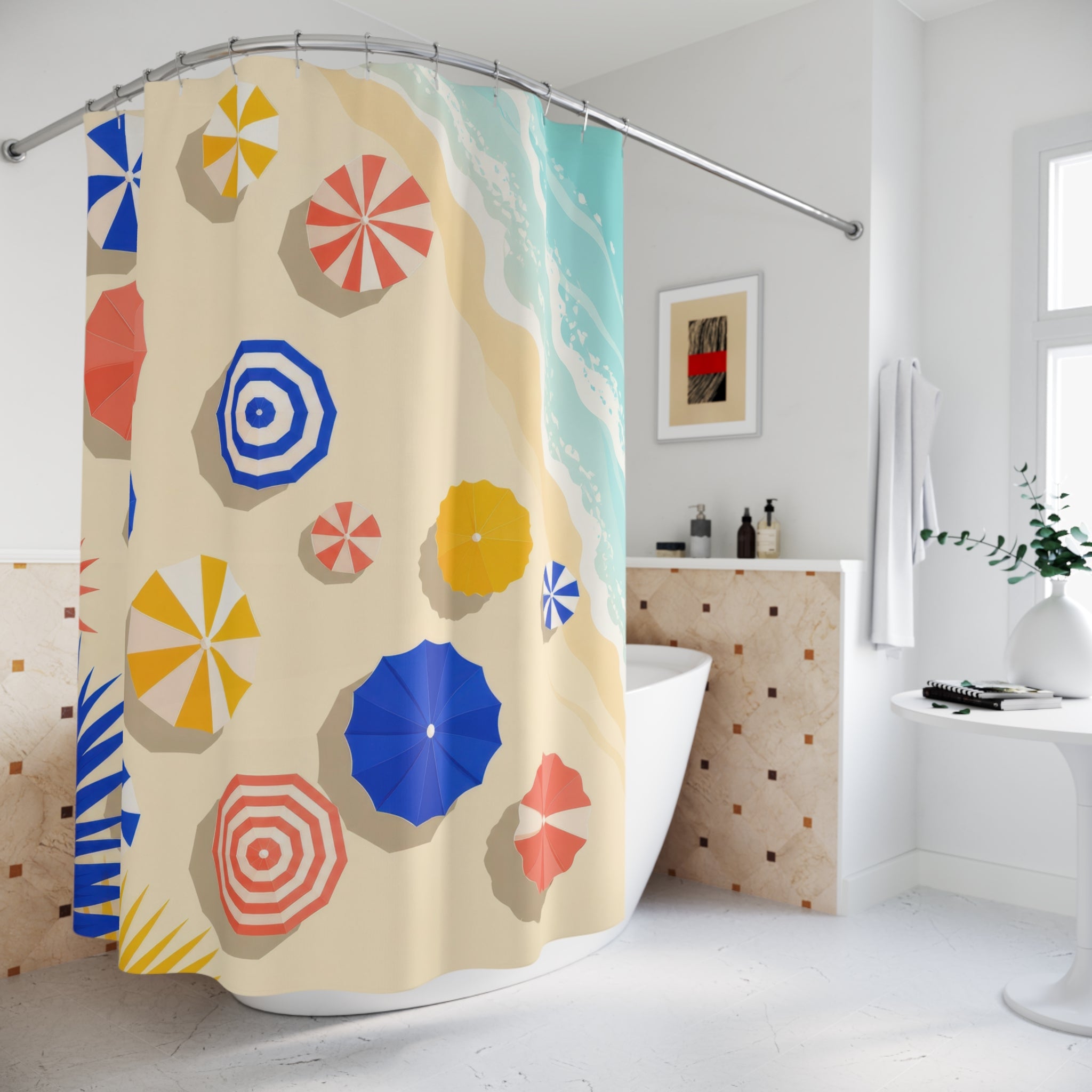 Colorful beach umbrellas beside pale aqua surf shower curtain styled beside a freestanding tub