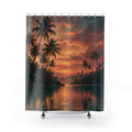 Dark palm trees reflected in teal water under a copper sunset shower curtain with full front view