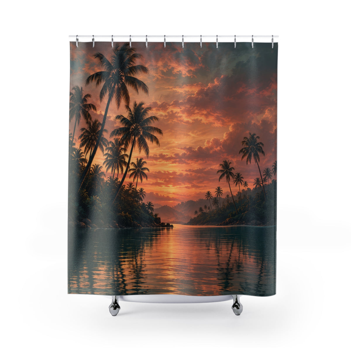 Dark palm trees reflected in teal water under a copper sunset shower curtain with full front view