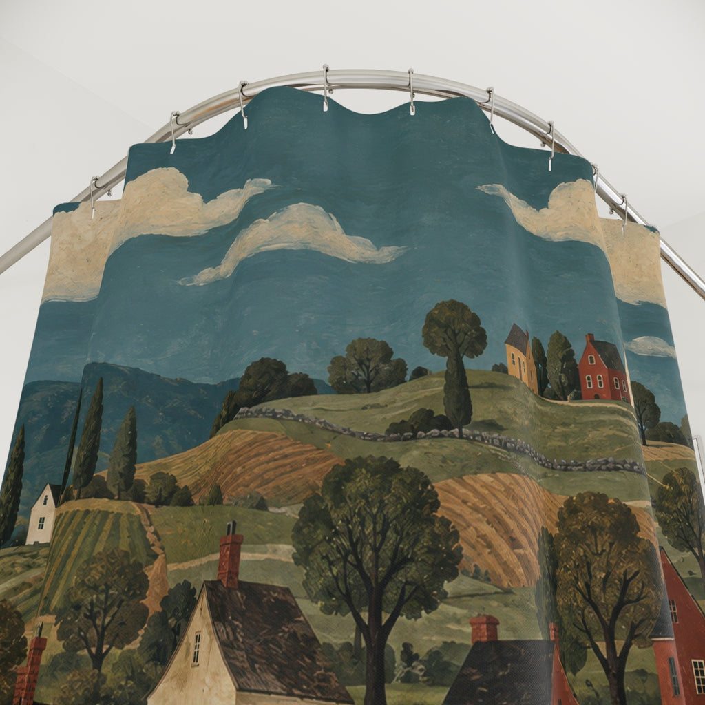 Red and cream saltbox houses among green fields and ochre paths shower curtain with close-up print, hooks, and folds