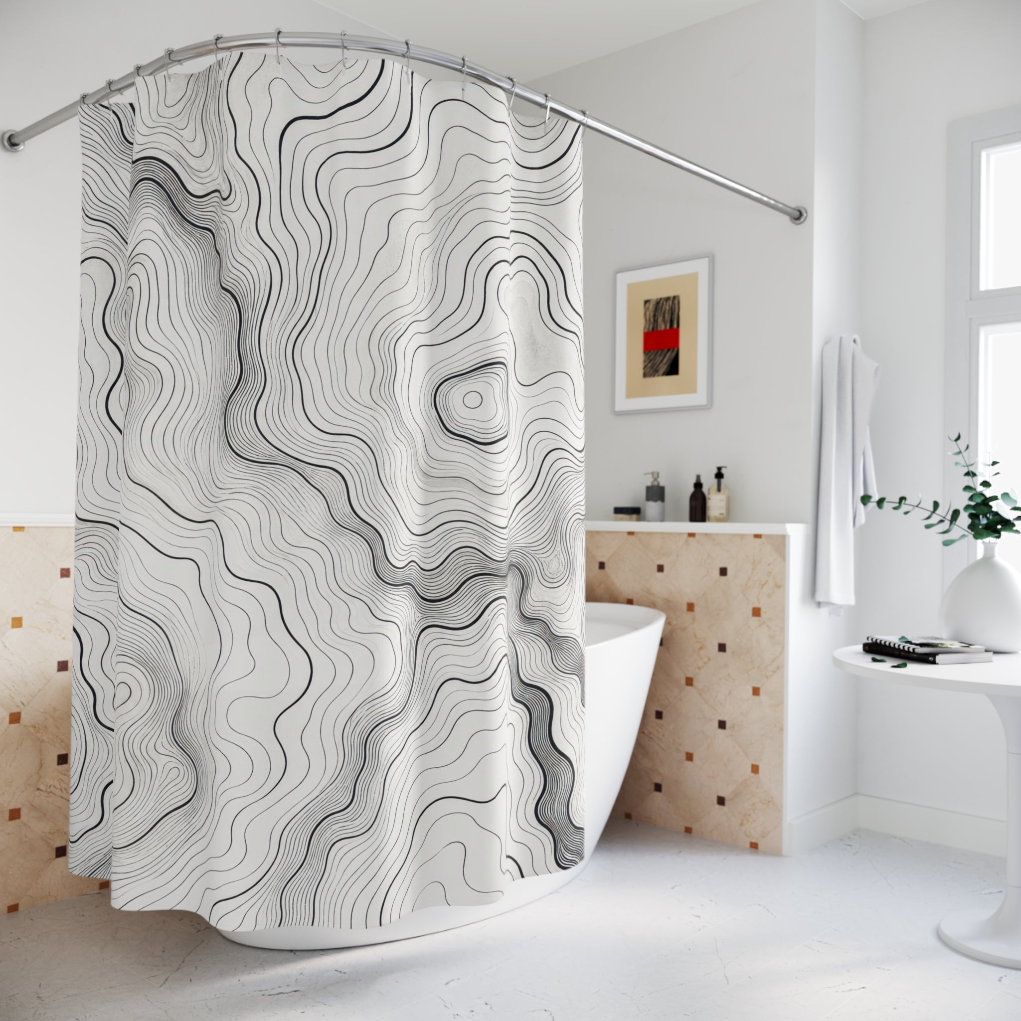 Black White Contour Line Shower Curtain