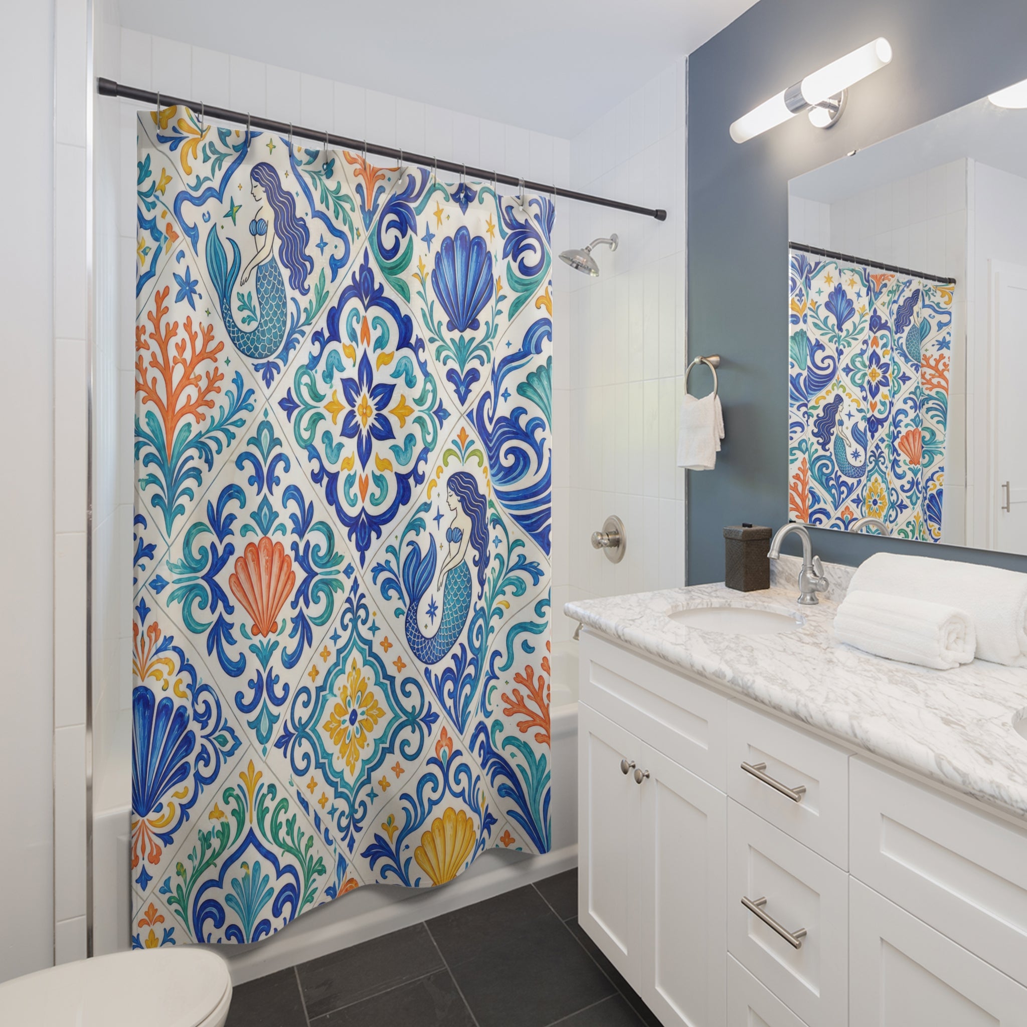 Blue Talavera Shell Tile Shower Curtain