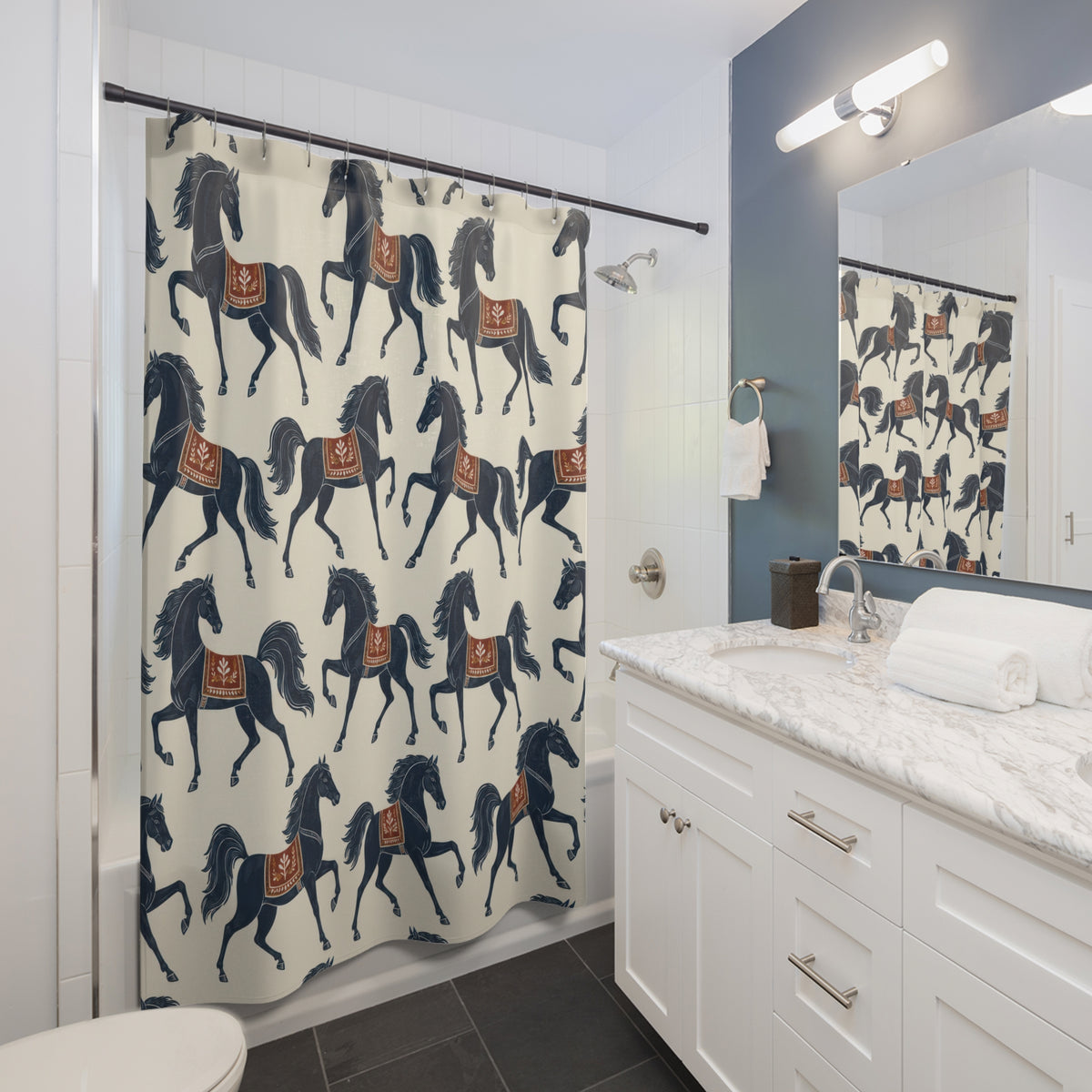 Navy prancing horses with rust saddles on warm ivory shower curtain beside a white vanity