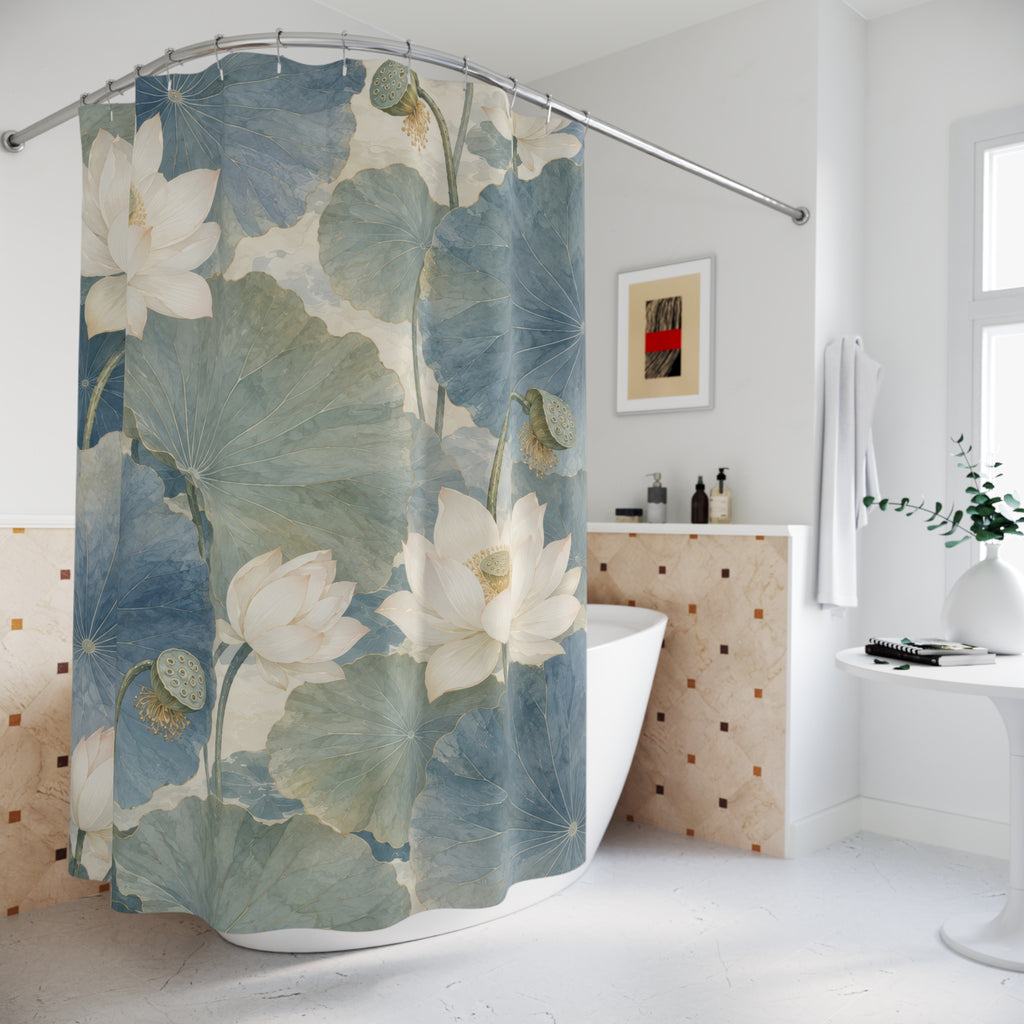 White lotus with blue and sage Chinoiserie leaves shower curtain beside a freestanding tub