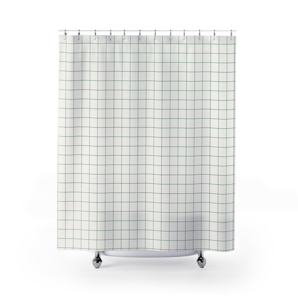 Green and White Cross-Hatch Grid Shower Curtain