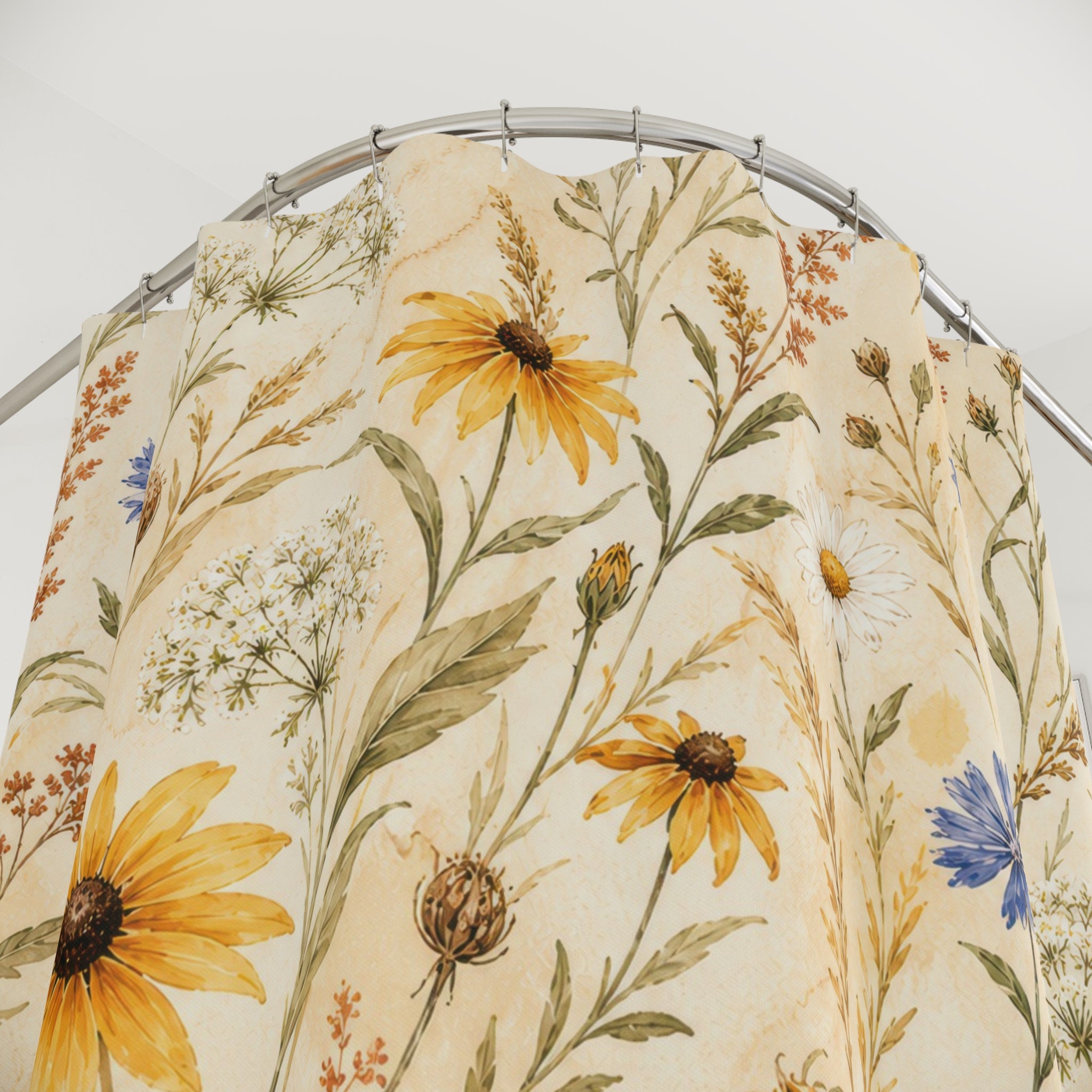 Golden Blue Wildflower Watercolor Shower Curtain