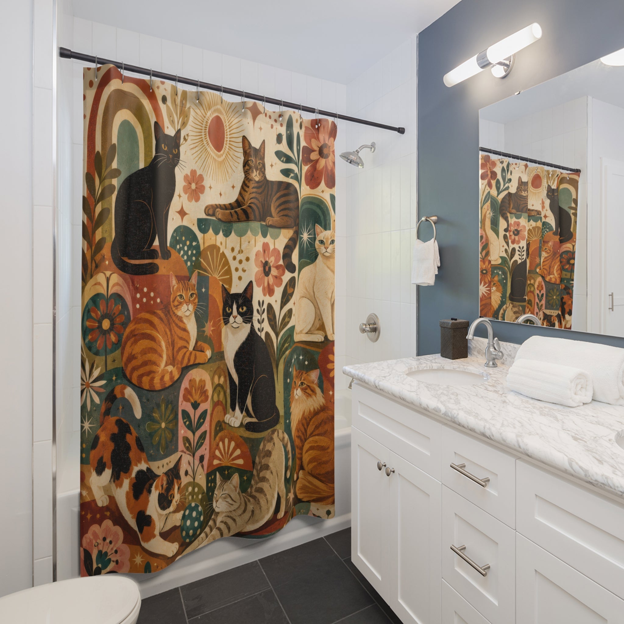 Retro Cat Floral Shower Curtain