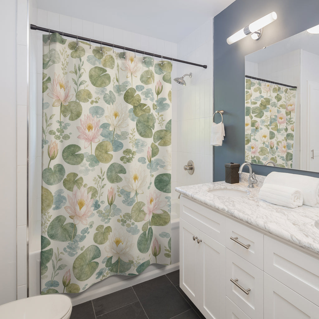 Lily Pad water soft pond shower curtain beside a white vanity