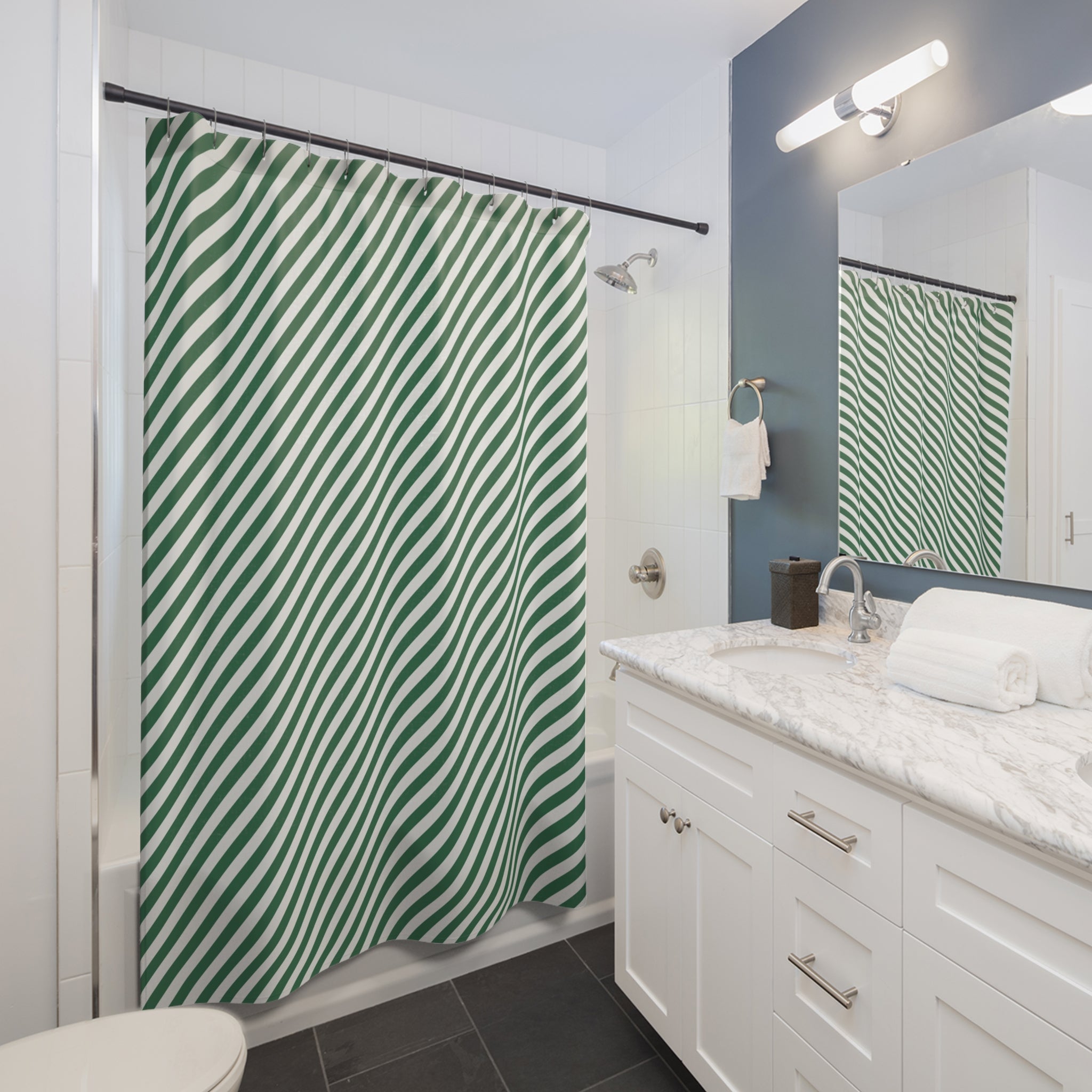 Green and White Diagonal Stripe Shower Curtain