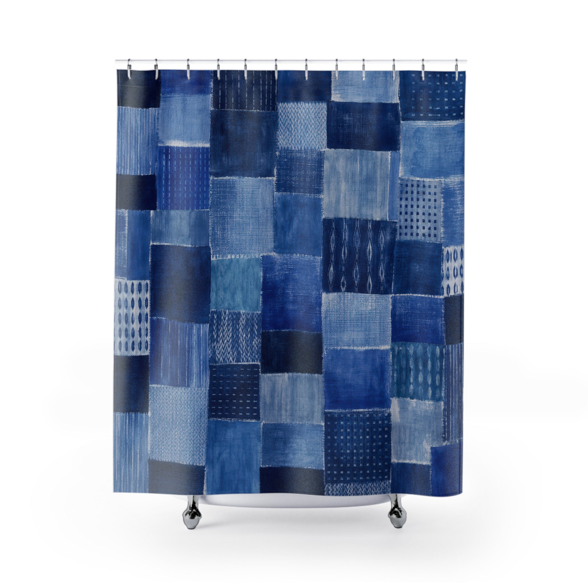 Blue Patchwork Shower Curtain, Denim Blue Modern Bathroom Decor, Patchwork Pattern Bath Curtain, Guest Bath Decor, Small Bathroom Decor
